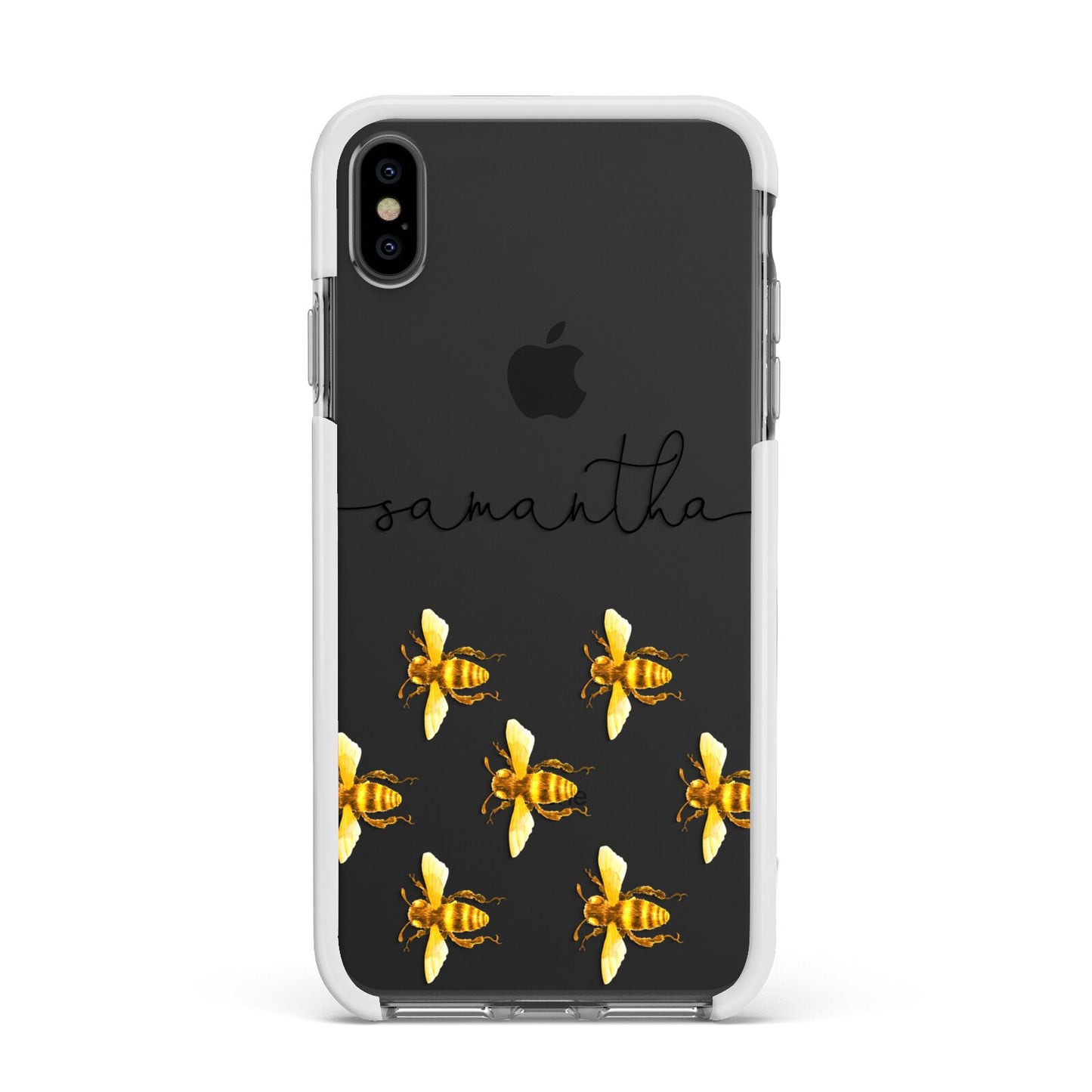 Golden Bees Personalised Name Apple iPhone Xs Max Impact Case White Edge on Black Phone