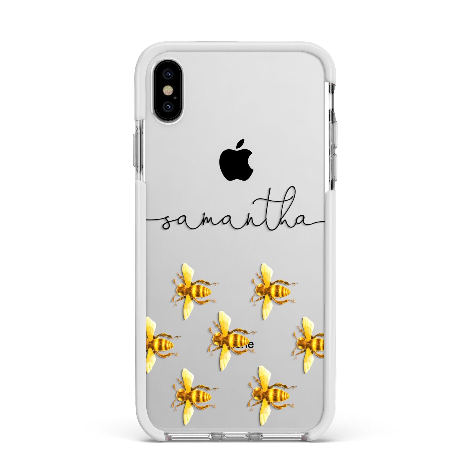 Golden Bees Personalised Name Apple iPhone Xs Max Impact Case White Edge on Silver Phone