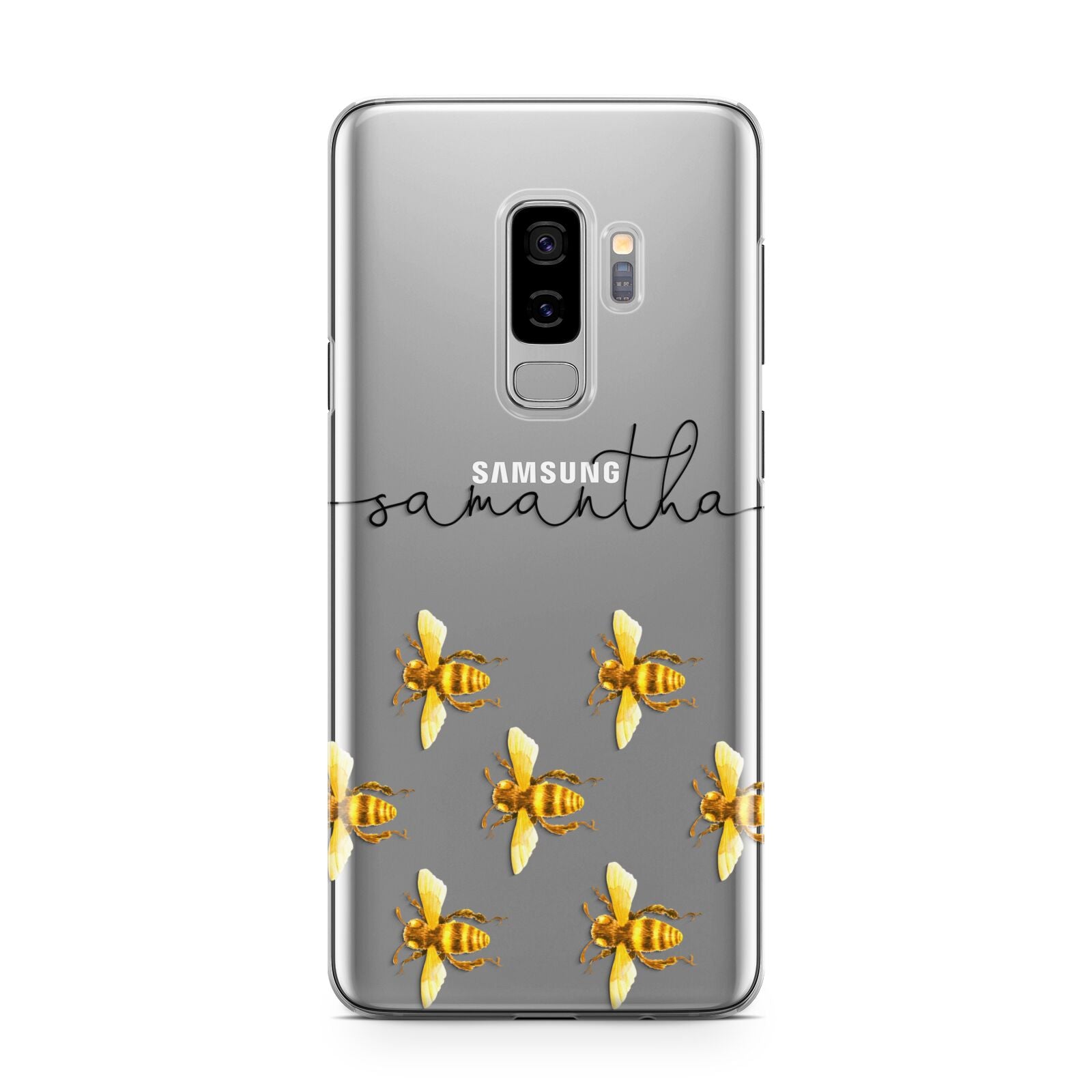 Golden Bees Personalised Name Samsung Galaxy S9 Plus Case on Silver phone