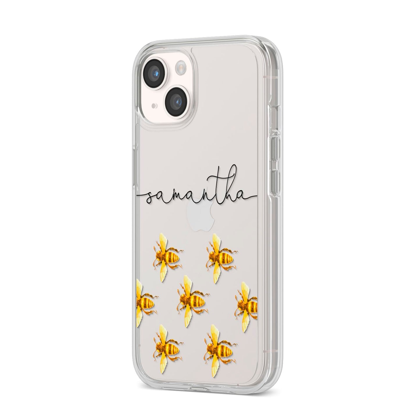 Golden Bees Personalised Name iPhone 14 Clear Tough Case Starlight Angled Image