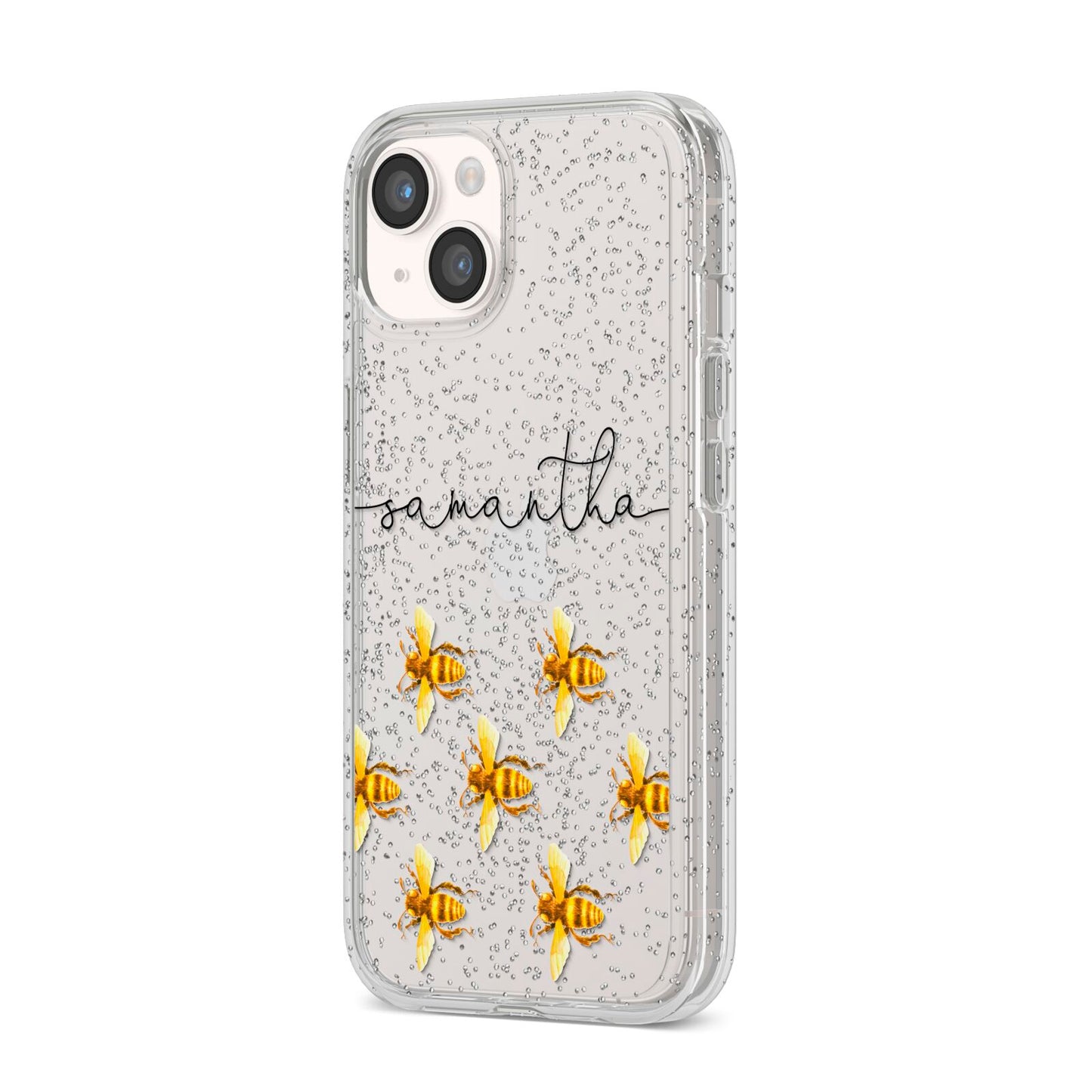 Golden Bees Personalised Name iPhone 14 Glitter Tough Case Starlight Angled Image