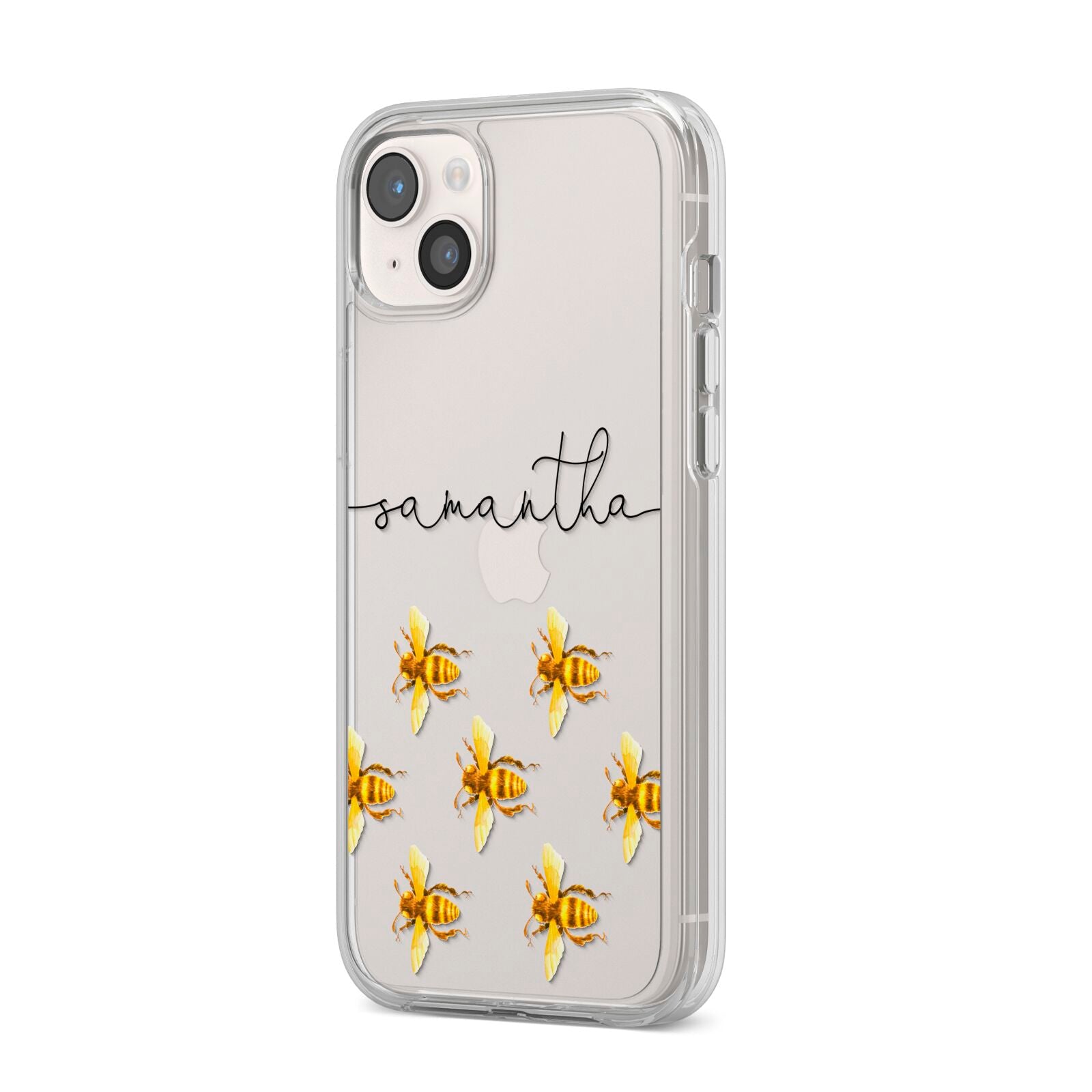 Golden Bees Personalised Name iPhone 14 Plus Clear Tough Case Starlight Angled Image