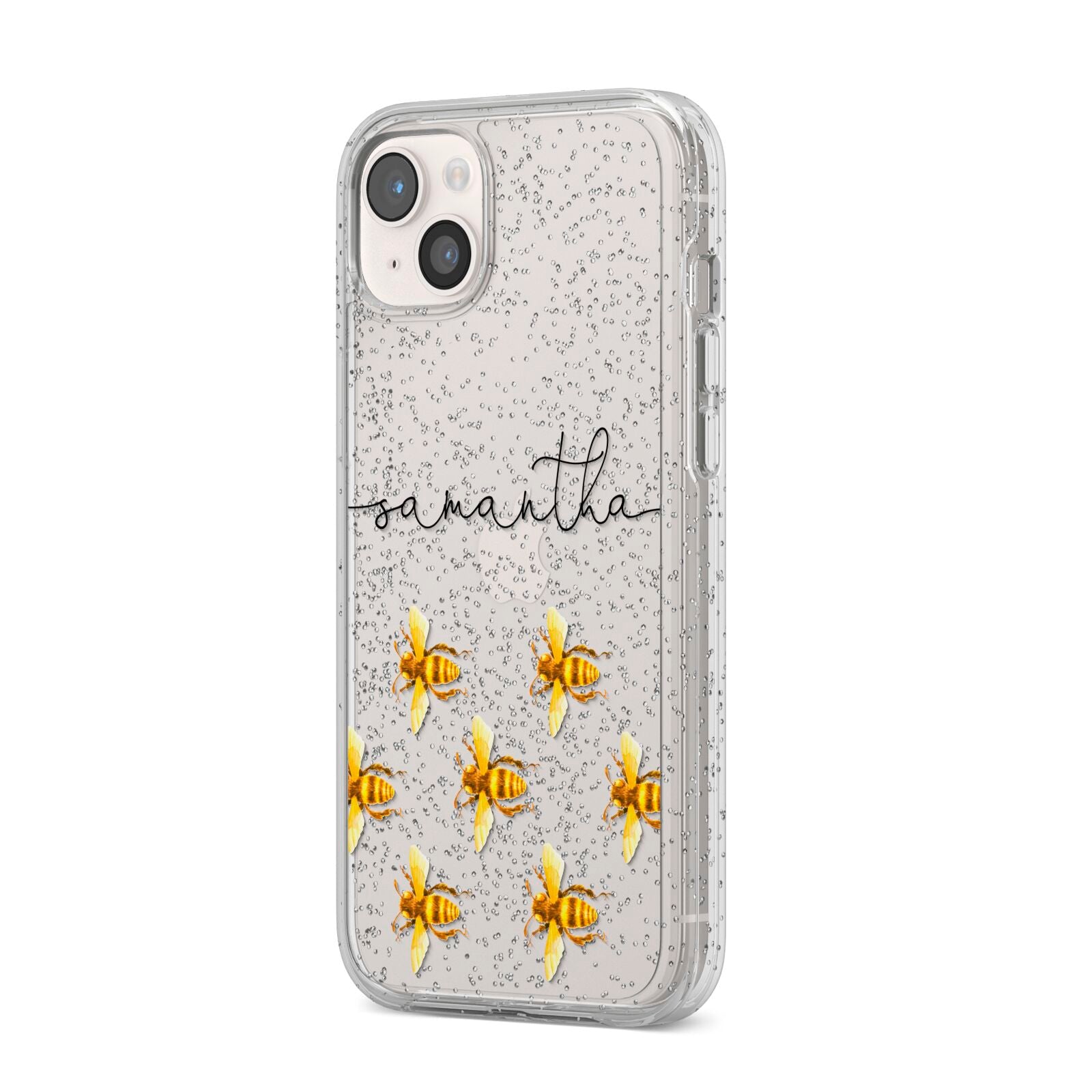 Golden Bees Personalised Name iPhone 14 Plus Glitter Tough Case Starlight Angled Image