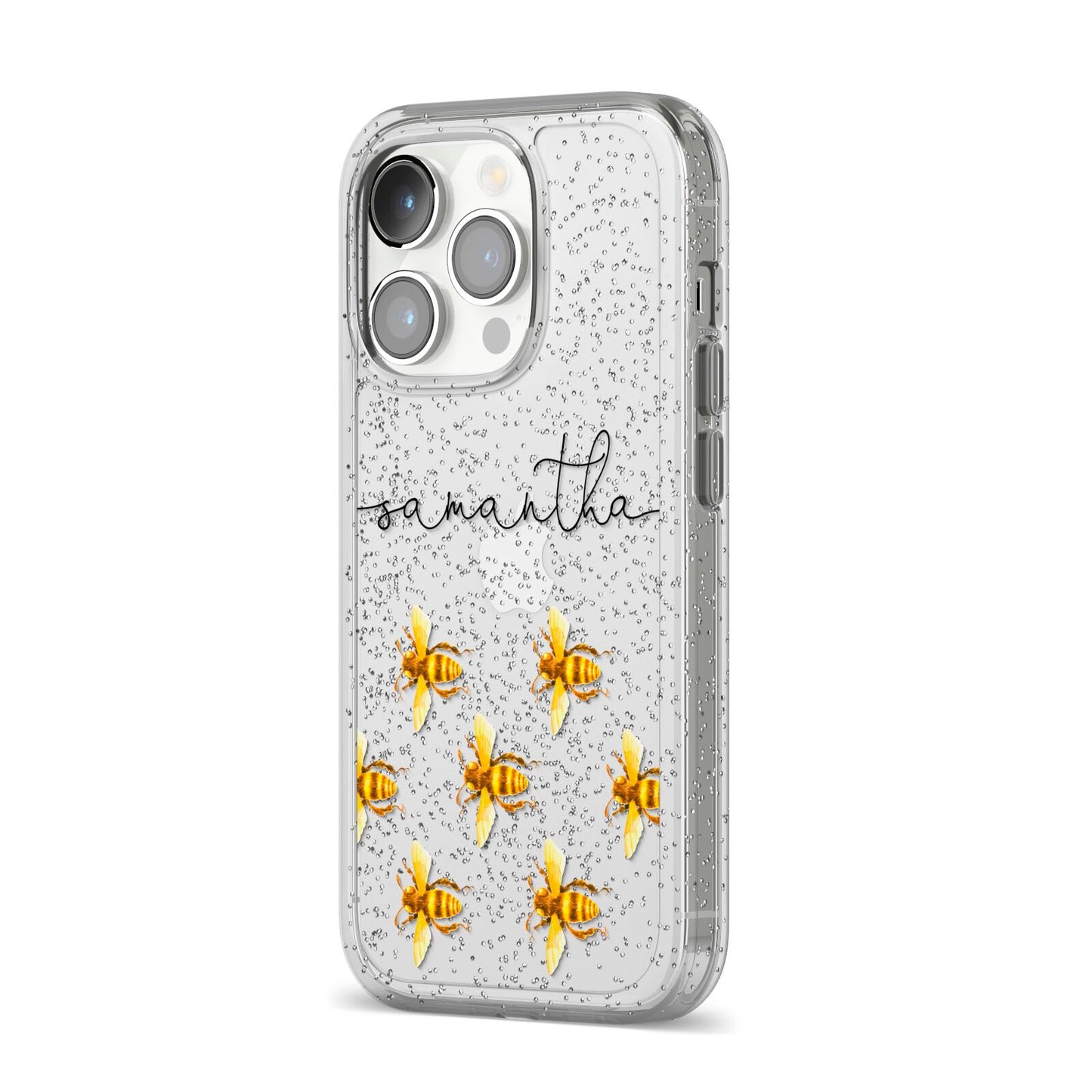 Golden Bees Personalised Name iPhone 14 Pro Glitter Tough Case Silver Angled Image