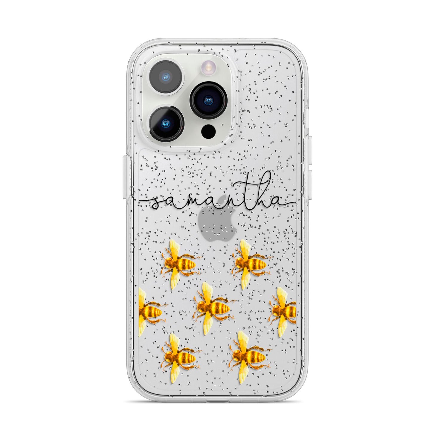 Golden Bees Personalised Name iPhone 14 Pro Glitter Tough Case Silver