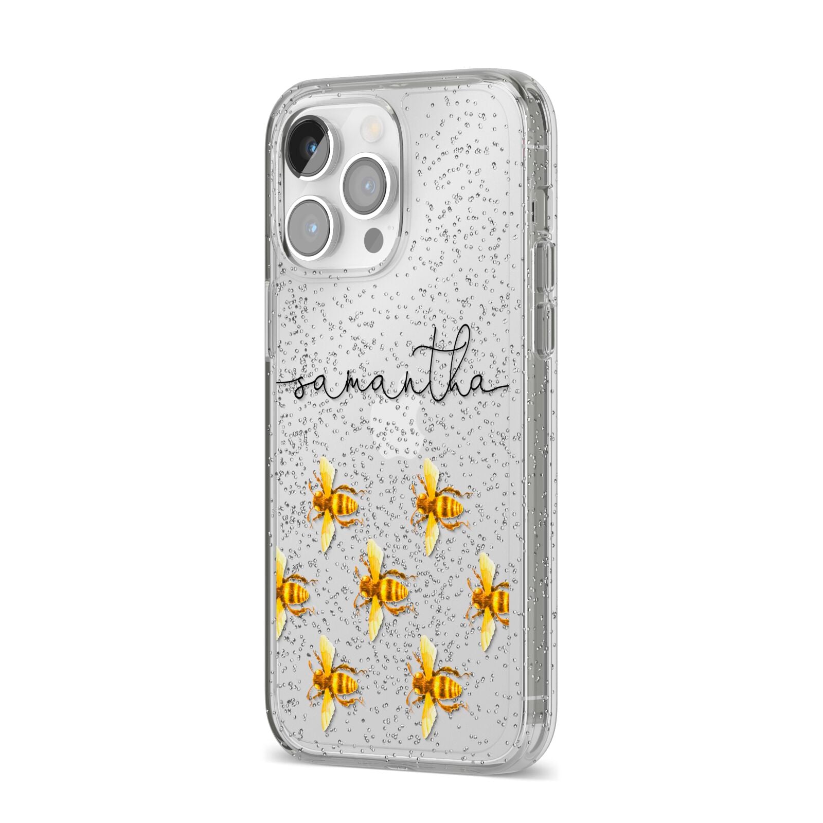 Golden Bees Personalised Name iPhone 14 Pro Max Glitter Tough Case Silver Angled Image