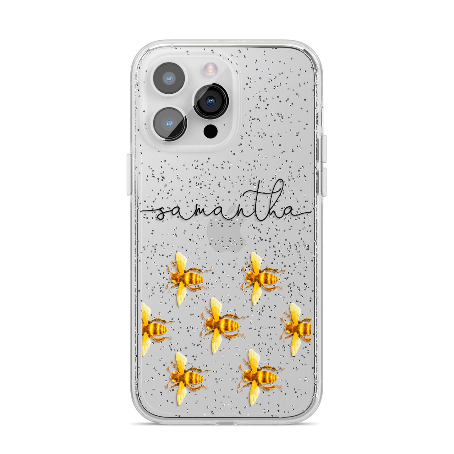 Golden Bees Personalised Name iPhone 14 Pro Max Glitter Tough Case Silver