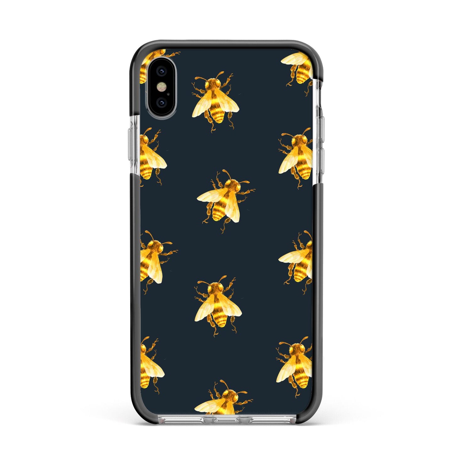 Golden Bees with Navy Background Apple iPhone Xs Max Impact Case Black Edge on Silver Phone