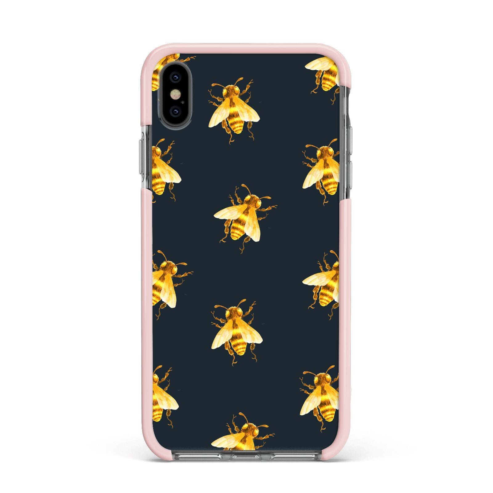 Golden Bees with Navy Background Apple iPhone Xs Max Impact Case Pink Edge on Black Phone