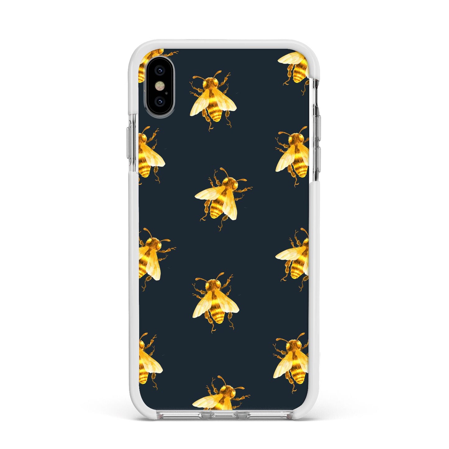 Golden Bees with Navy Background Apple iPhone Xs Max Impact Case White Edge on Silver Phone