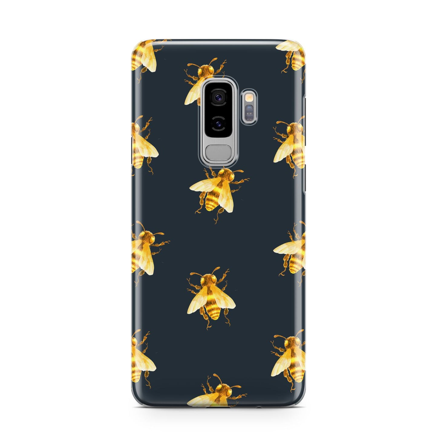 Golden Bees with Navy Background Samsung Galaxy S9 Plus Case on Silver phone