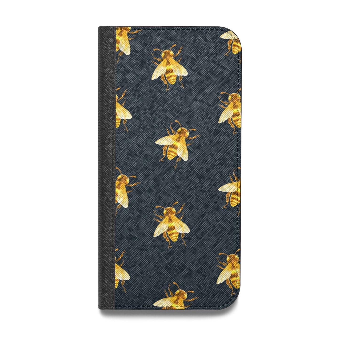 Golden Bees with Navy Background Vegan Leather Flip iPhone Case