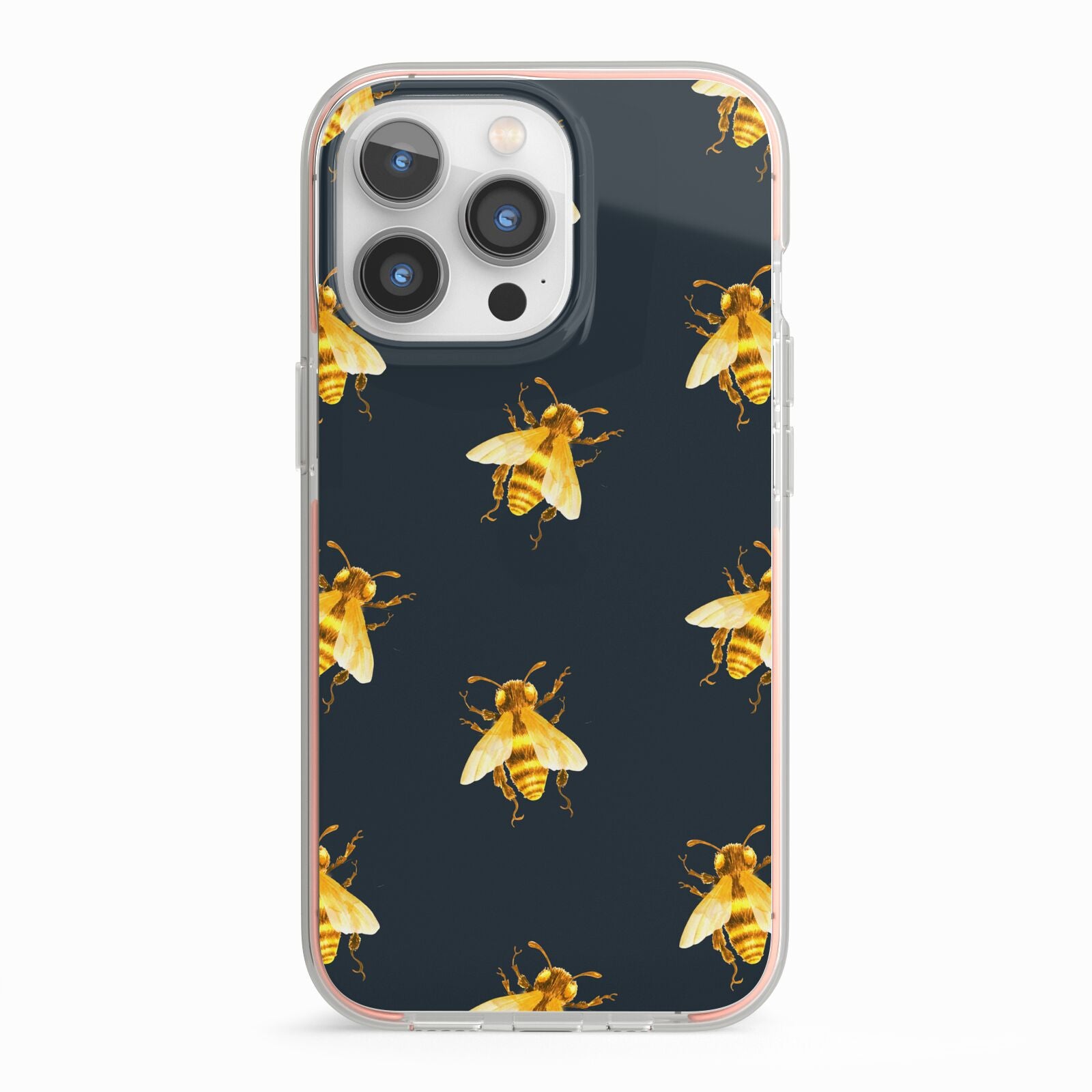 Golden Bees with Navy Background iPhone 13 Pro TPU Impact Case with Pink Edges