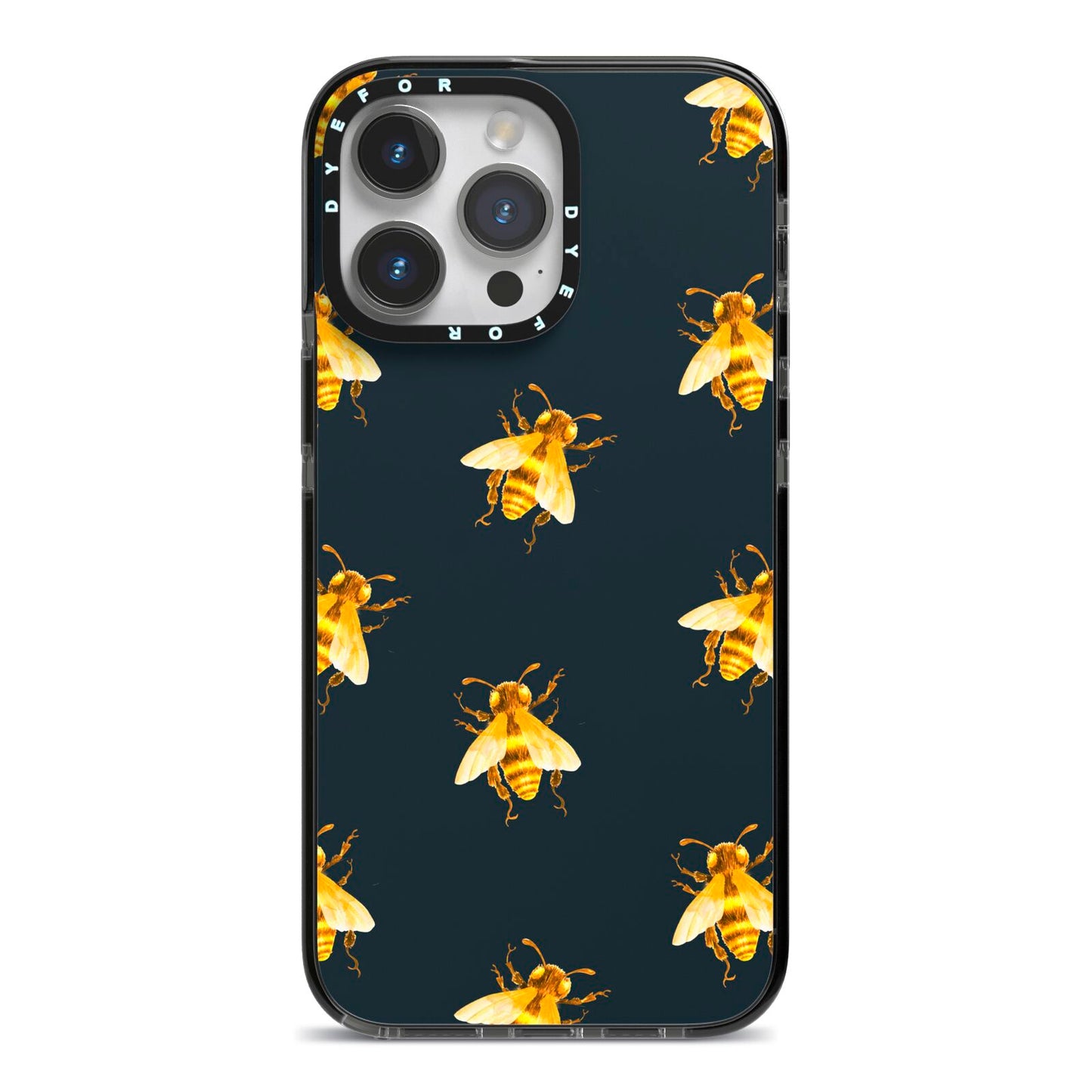 Golden Bees with Navy Background iPhone 14 Pro Max Black Impact Case on Silver phone