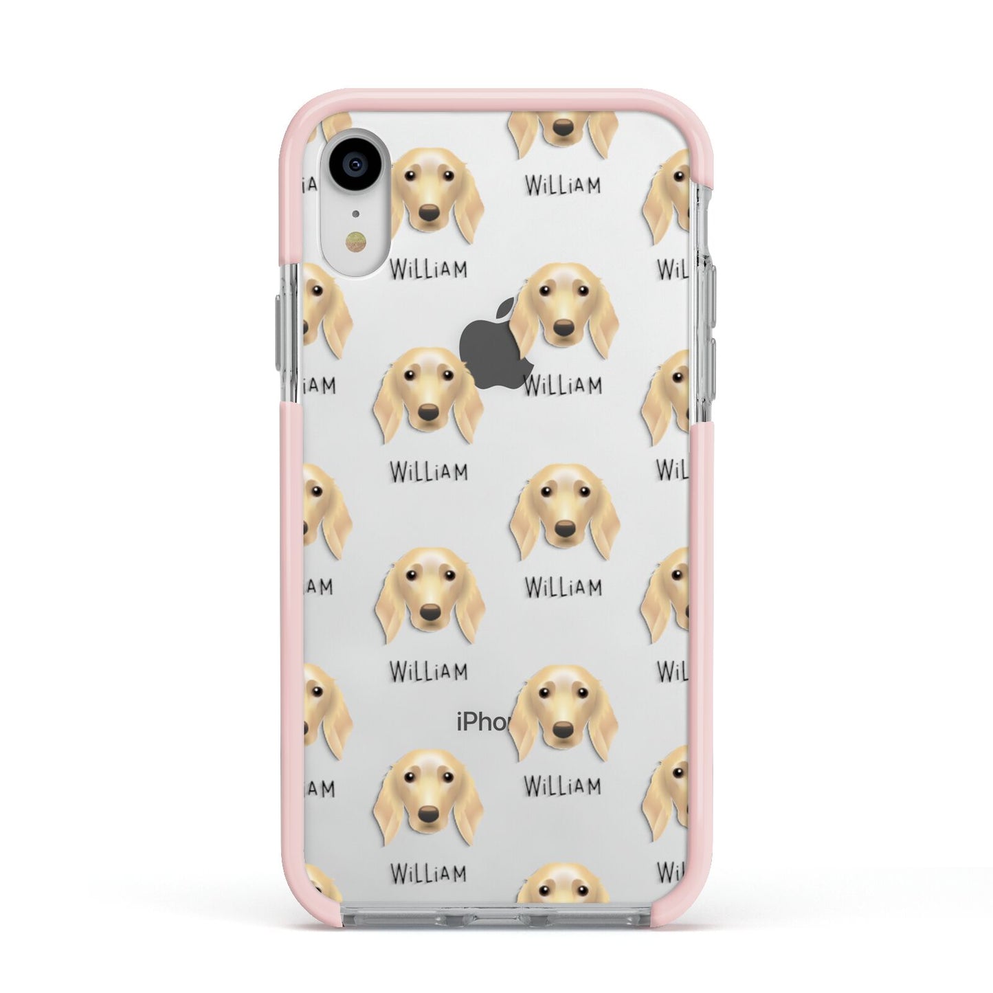 Golden Dox Icon with Name Apple iPhone XR Impact Case Pink Edge on Silver Phone