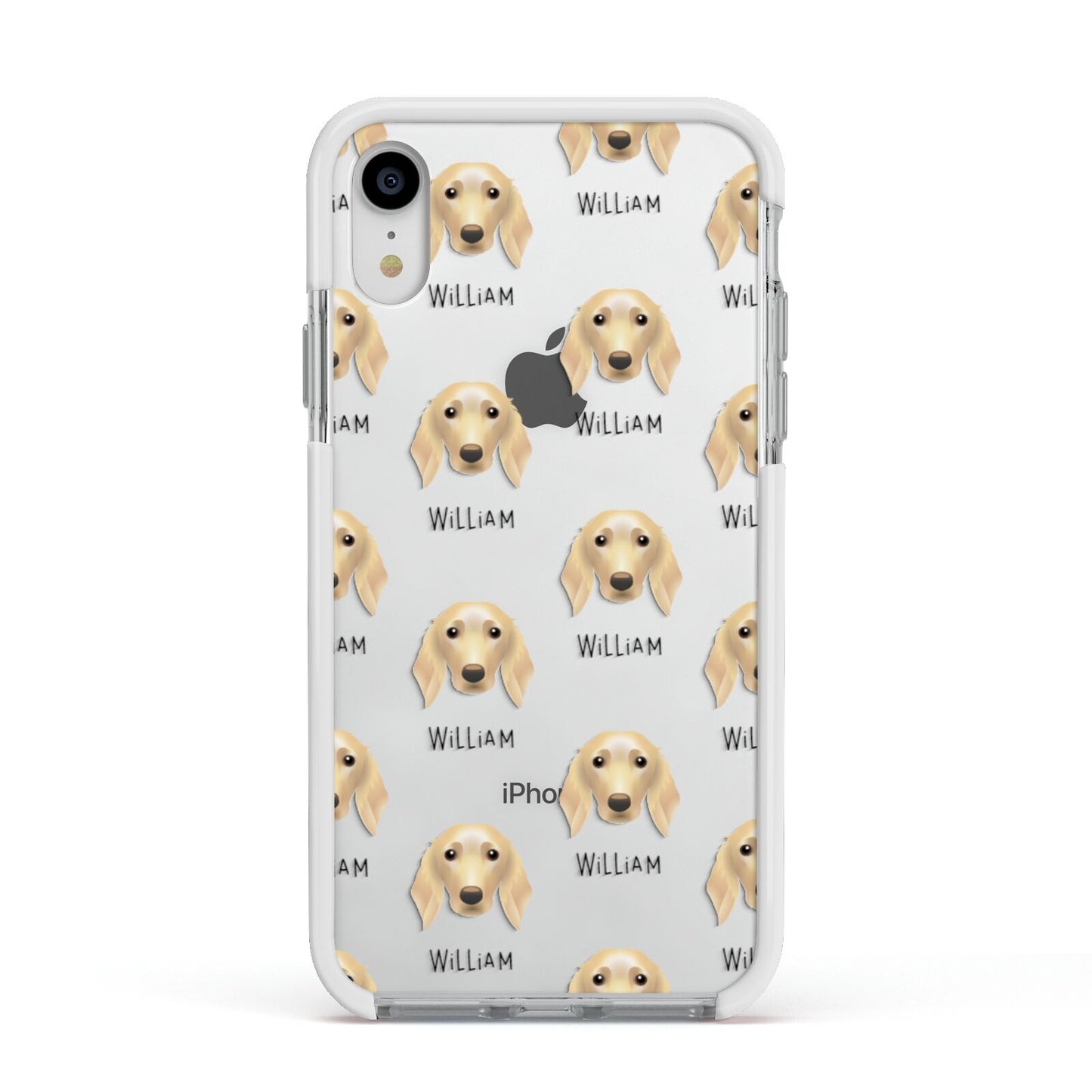 Golden Dox Icon with Name Apple iPhone XR Impact Case White Edge on Silver Phone