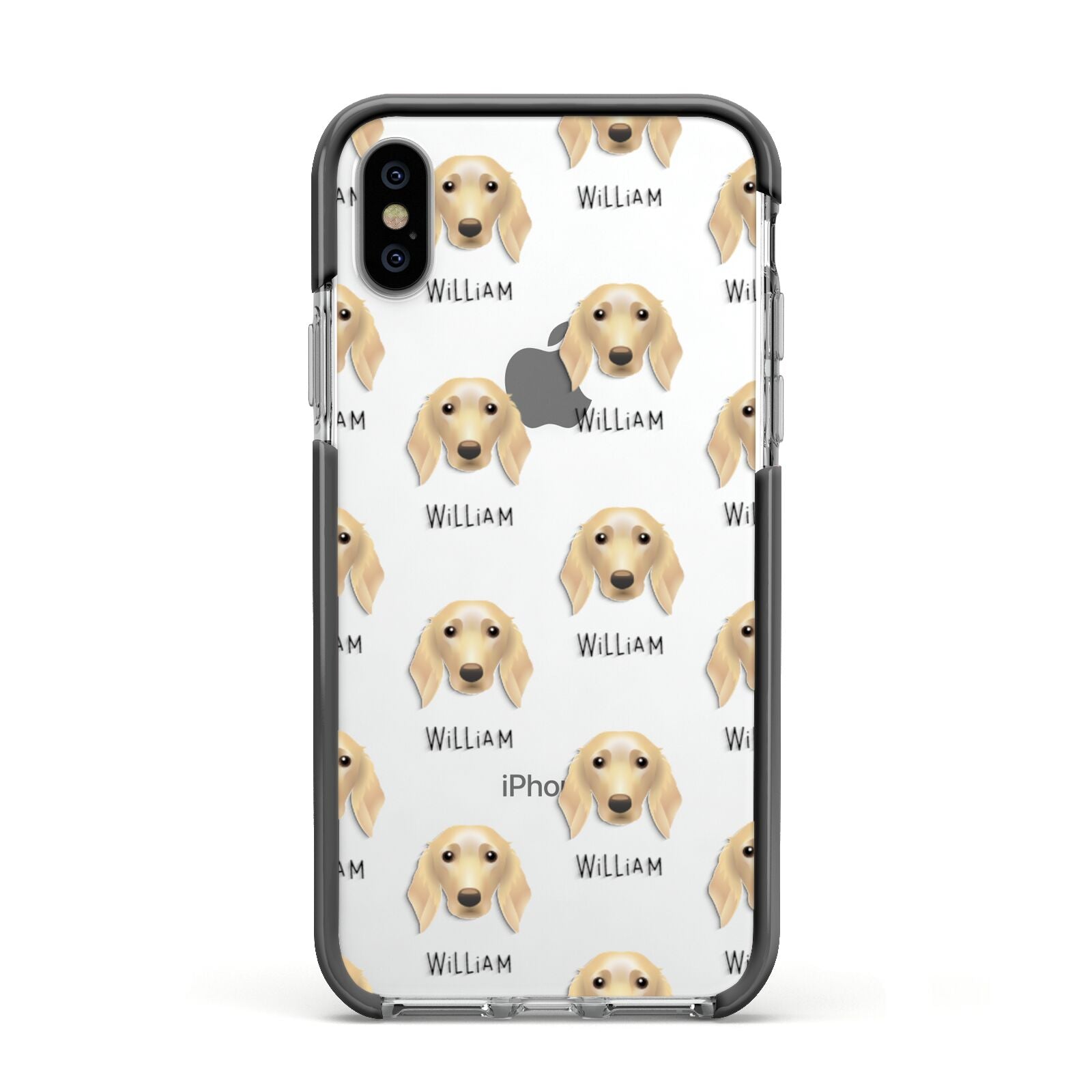 Golden Dox Icon with Name Apple iPhone Xs Impact Case Black Edge on Silver Phone