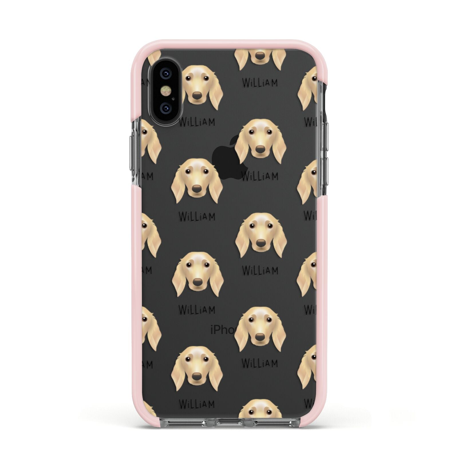 Golden Dox Icon with Name Apple iPhone Xs Impact Case Pink Edge on Black Phone