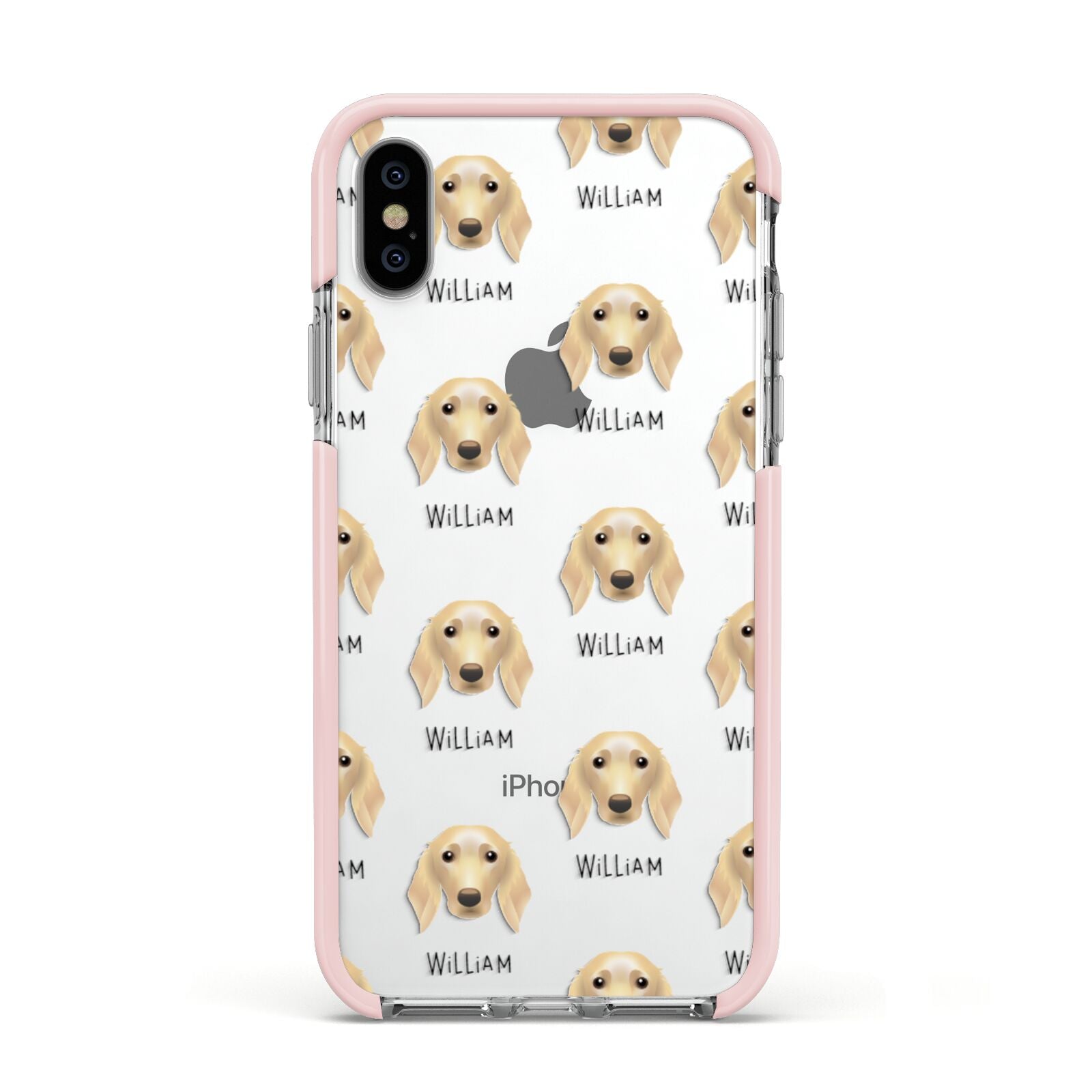 Golden Dox Icon with Name Apple iPhone Xs Impact Case Pink Edge on Silver Phone