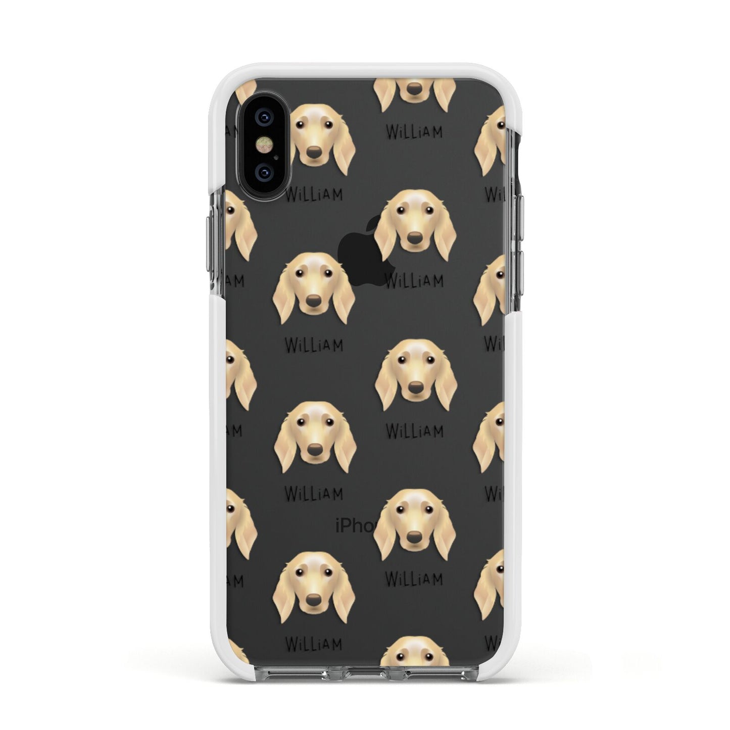 Golden Dox Icon with Name Apple iPhone Xs Impact Case White Edge on Black Phone