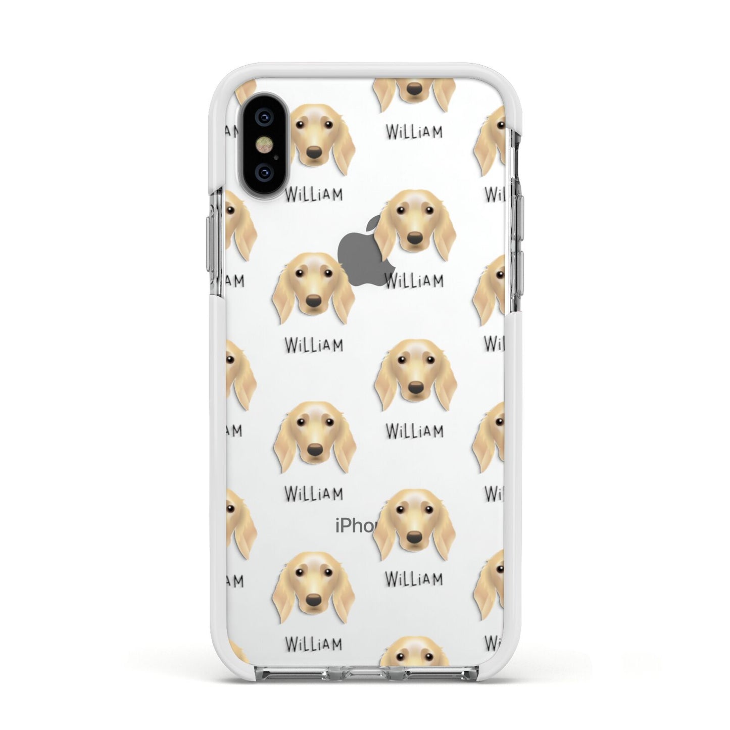 Golden Dox Icon with Name Apple iPhone Xs Impact Case White Edge on Silver Phone