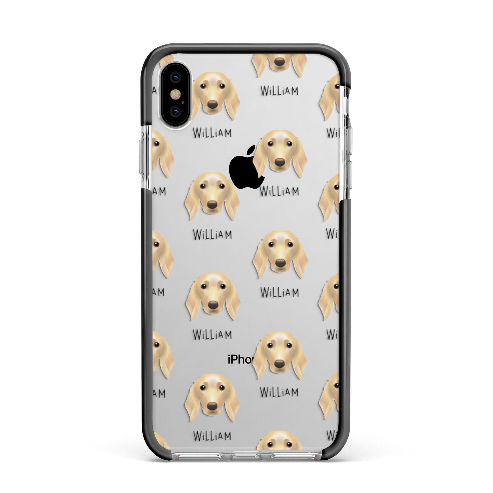 Golden Dox Icon with Name Apple iPhone Xs Max Impact Case Black Edge on Silver Phone