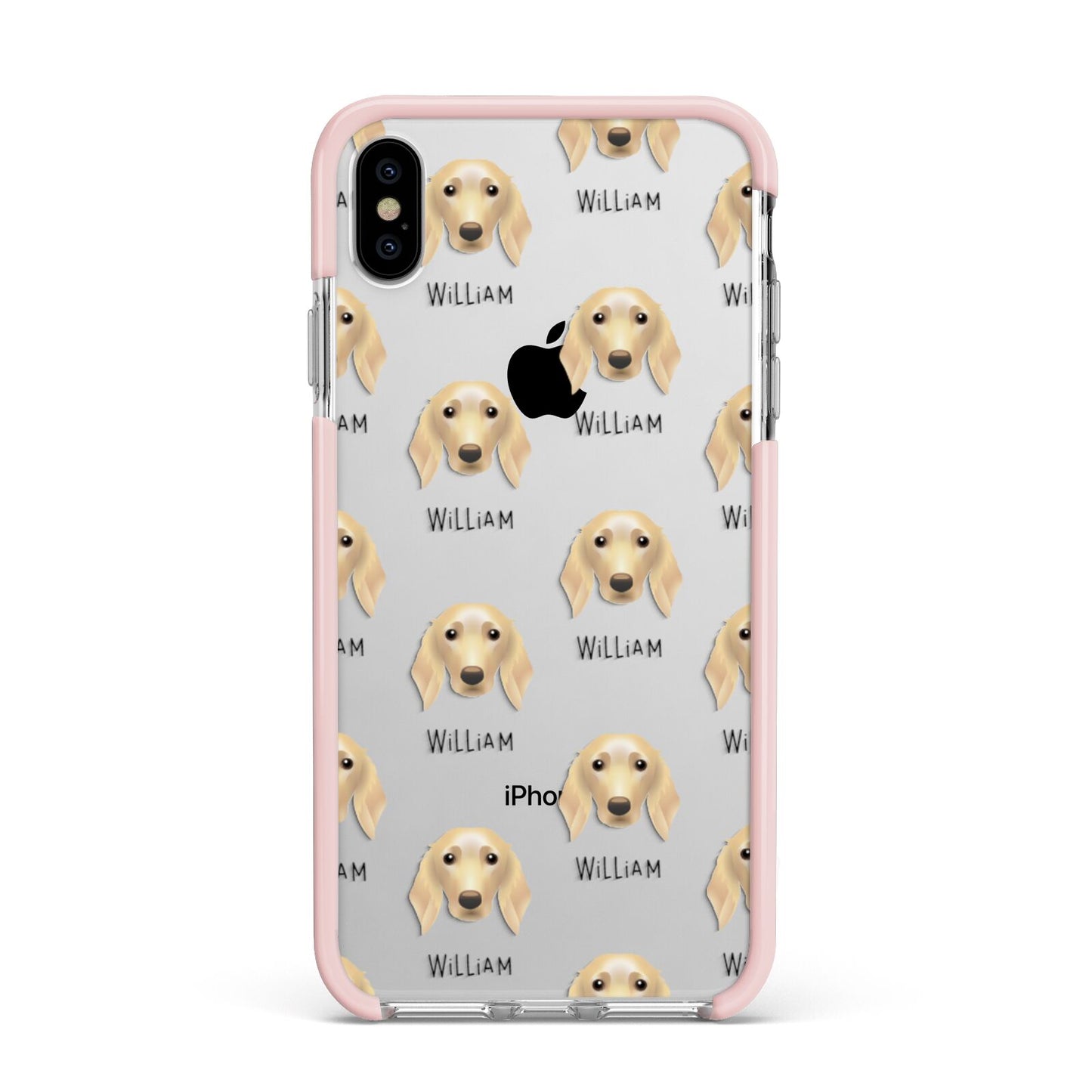 Golden Dox Icon with Name Apple iPhone Xs Max Impact Case Pink Edge on Silver Phone