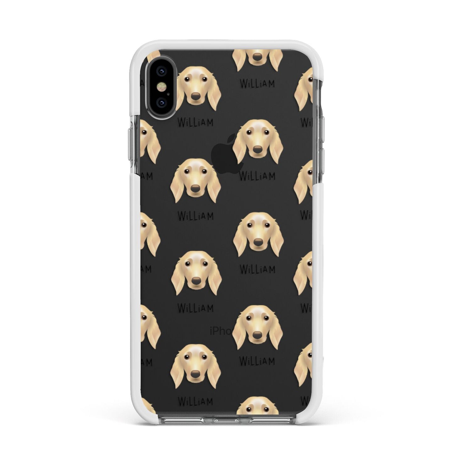 Golden Dox Icon with Name Apple iPhone Xs Max Impact Case White Edge on Black Phone