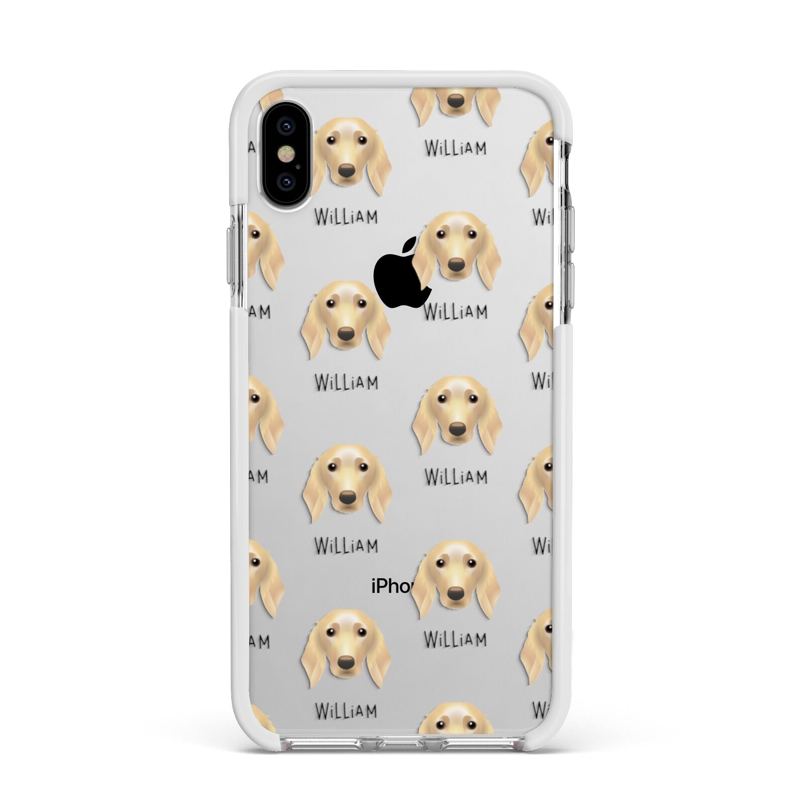 Golden Dox Icon with Name Apple iPhone Xs Max Impact Case White Edge on Silver Phone