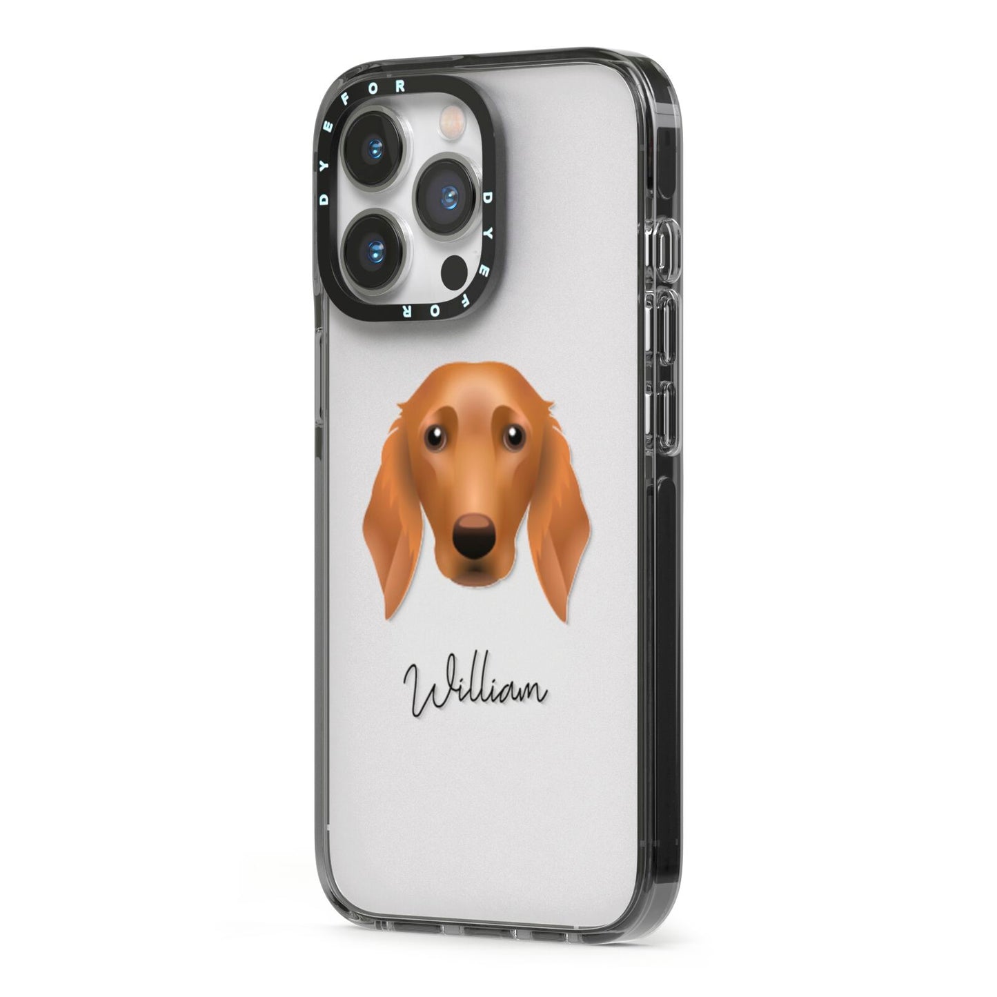 Golden Dox Personalised iPhone 13 Pro Black Impact Case Side Angle on Silver phone