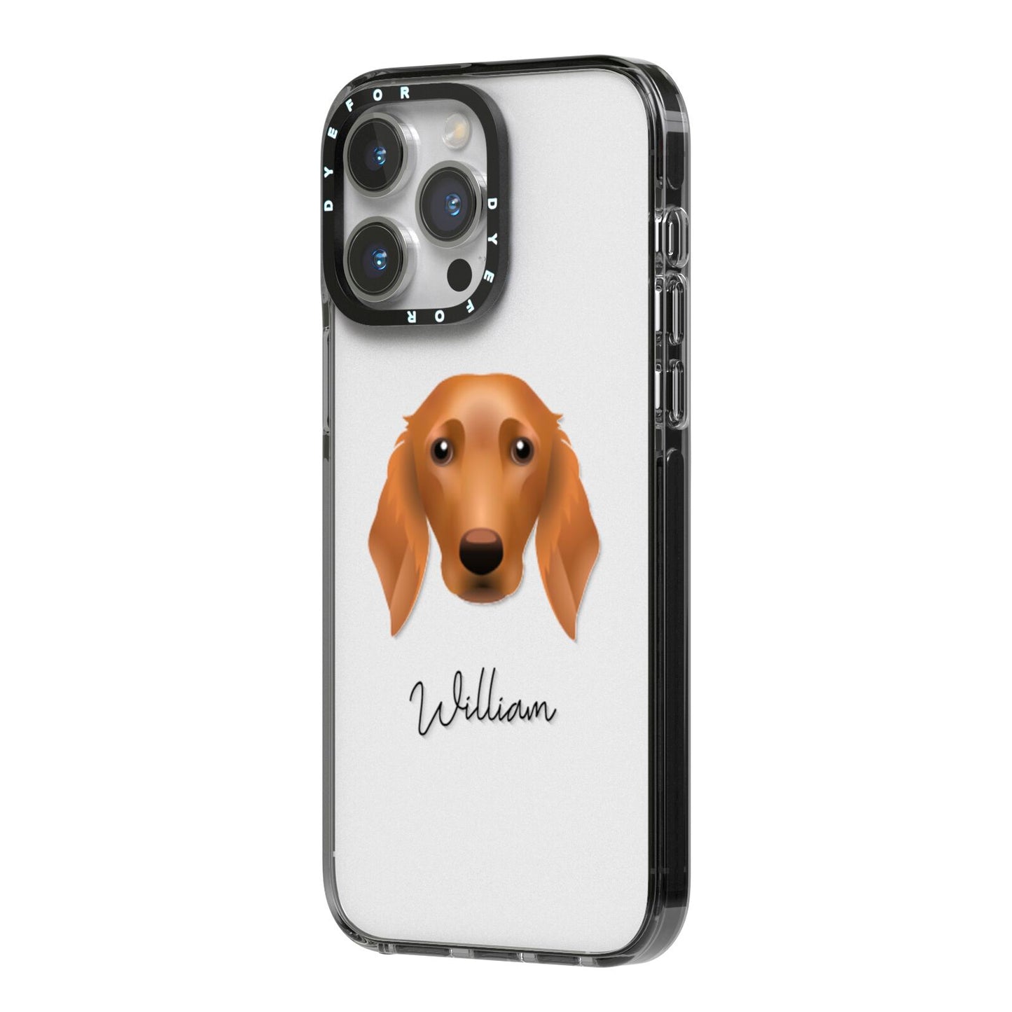 Golden Dox Personalised iPhone 14 Pro Max Black Impact Case Side Angle on Silver phone