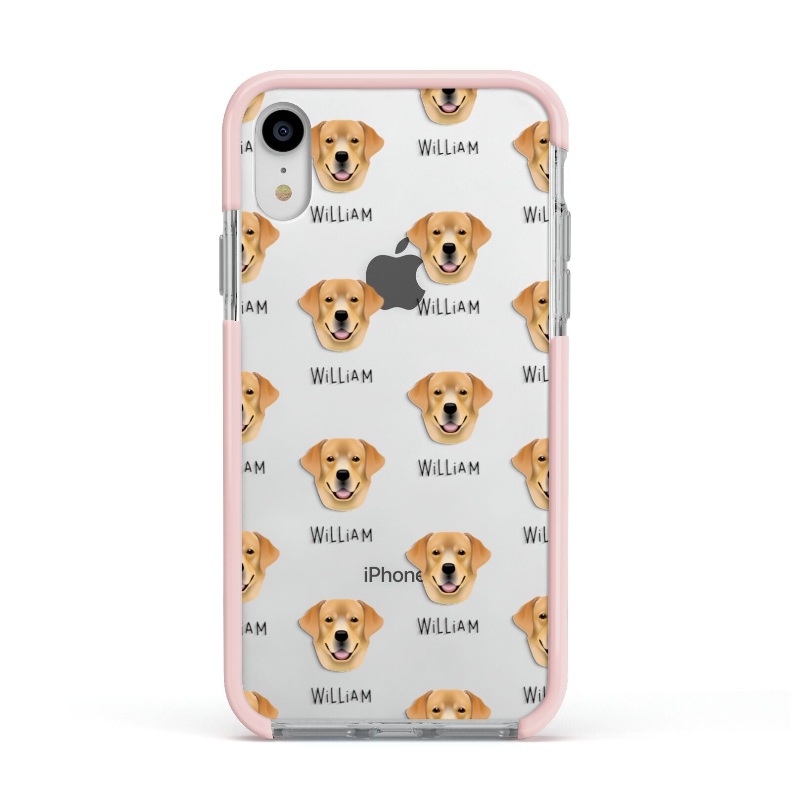 Golden Labrador Icon with Name Apple iPhone XR Impact Case Pink Edge on Silver Phone