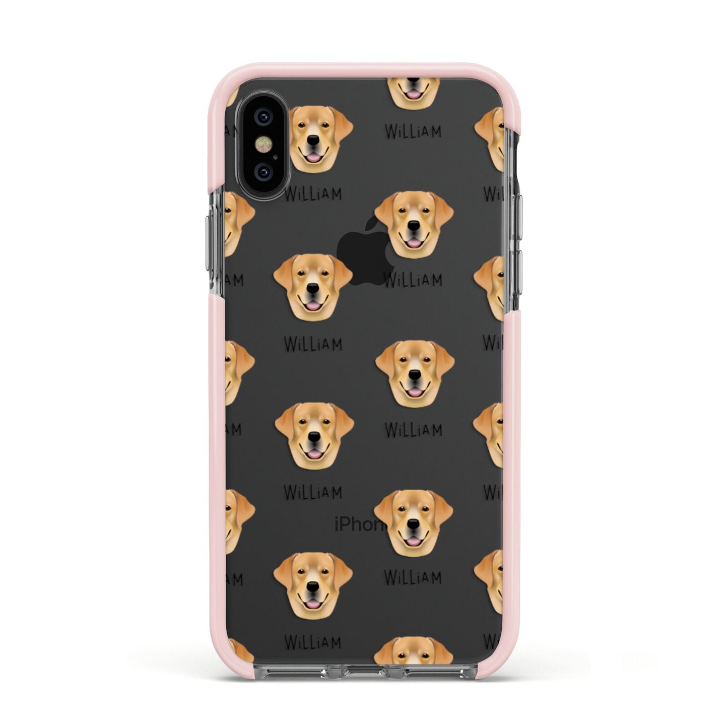 Golden Labrador Icon with Name Apple iPhone Xs Impact Case Pink Edge on Black Phone
