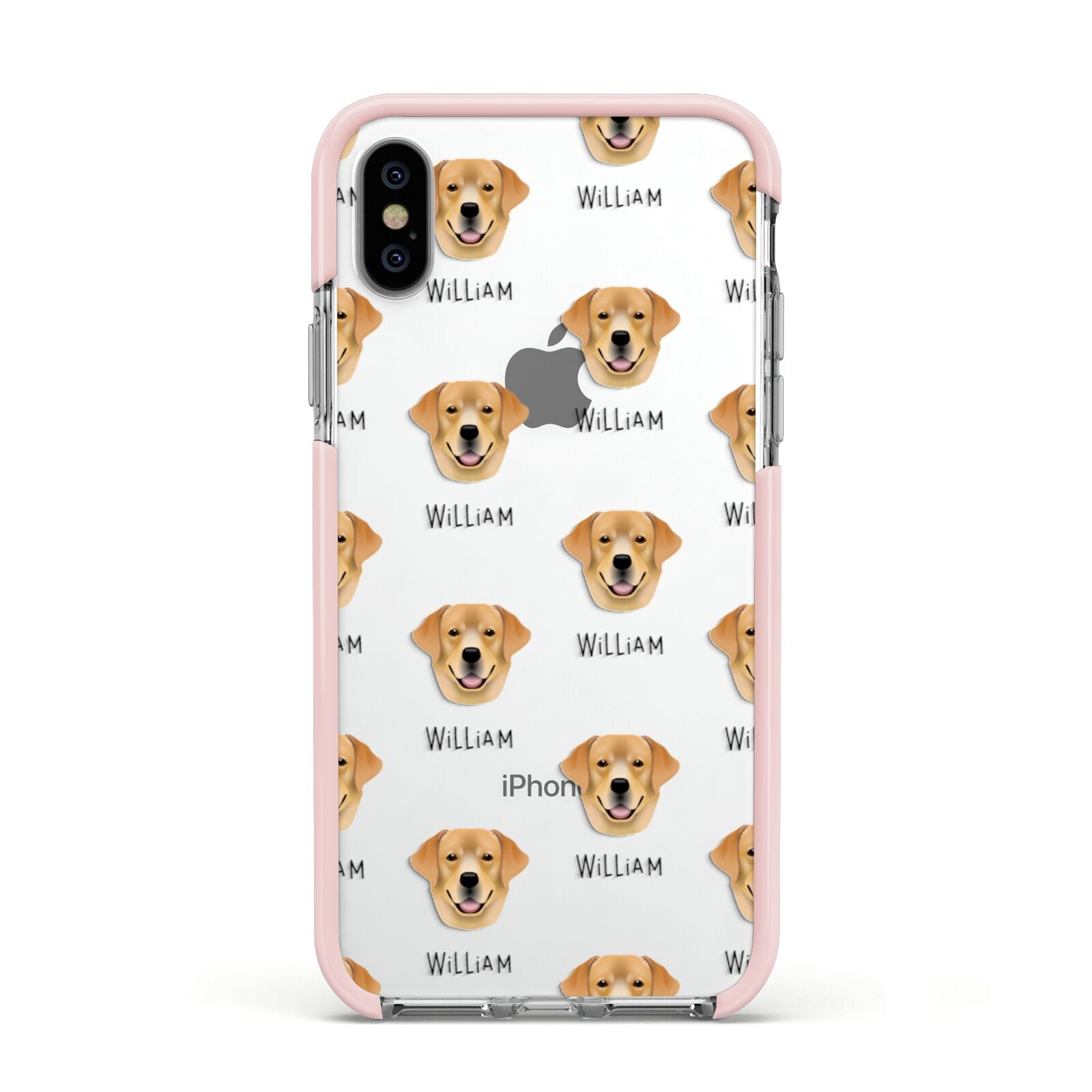 Golden Labrador Icon with Name Apple iPhone Xs Impact Case Pink Edge on Silver Phone