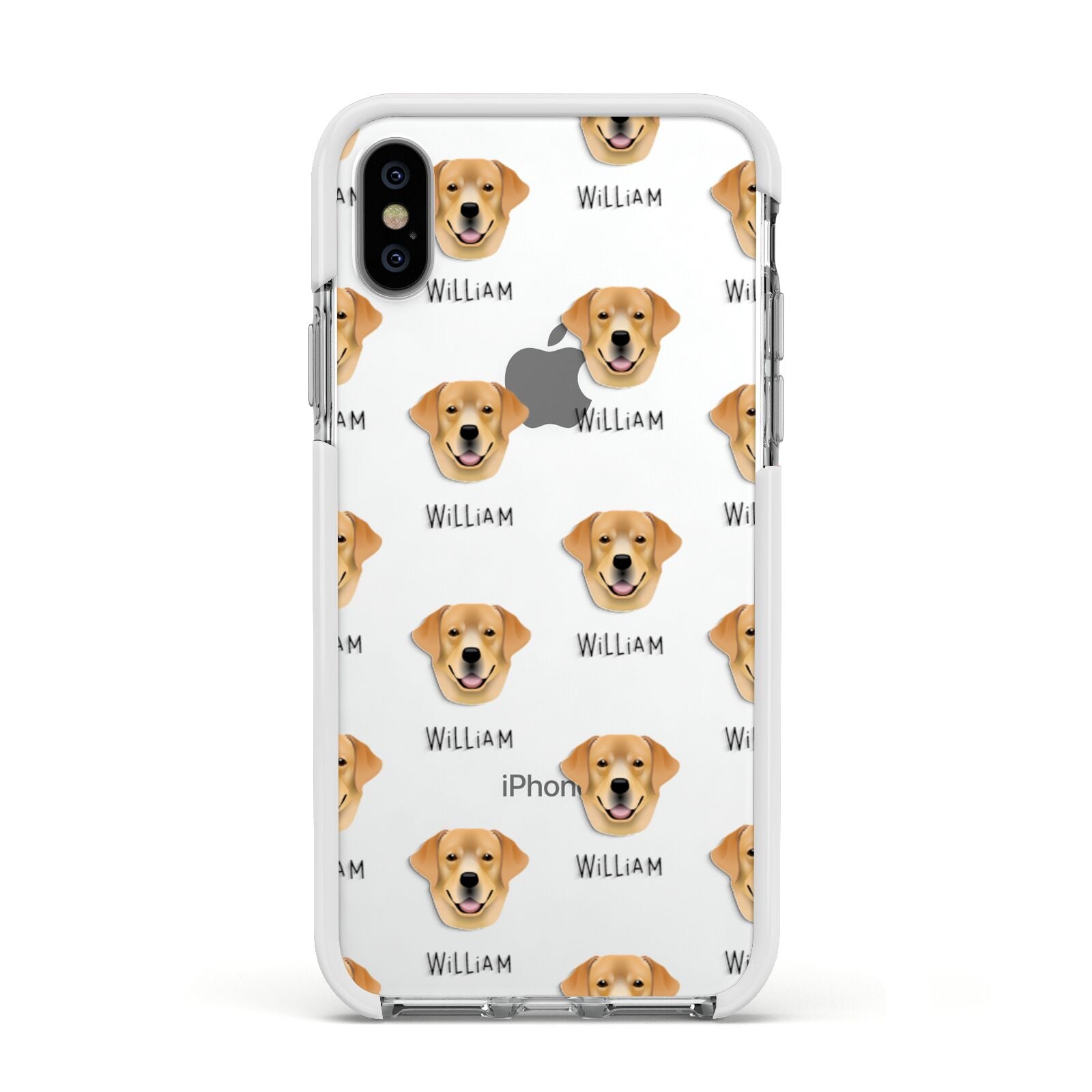 Golden Labrador Icon with Name Apple iPhone Xs Impact Case White Edge on Silver Phone