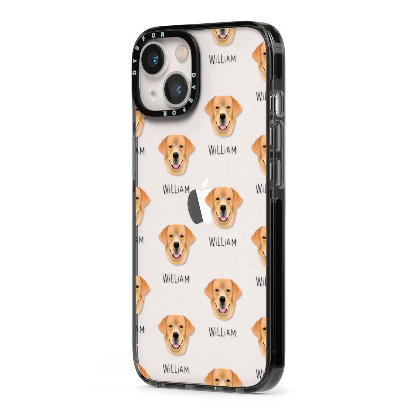 Golden Labrador Icon with Name iPhone 13 Black Impact Case Side Angle on Silver phone