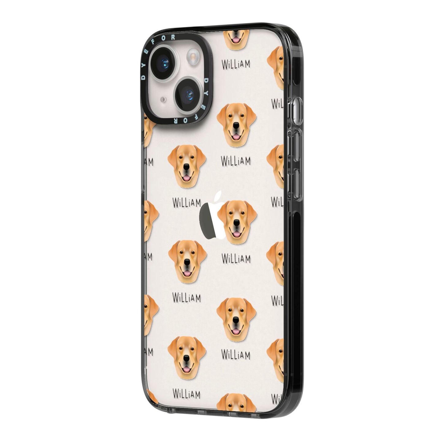 Golden Labrador Icon with Name iPhone 14 Black Impact Case Side Angle on Silver phone