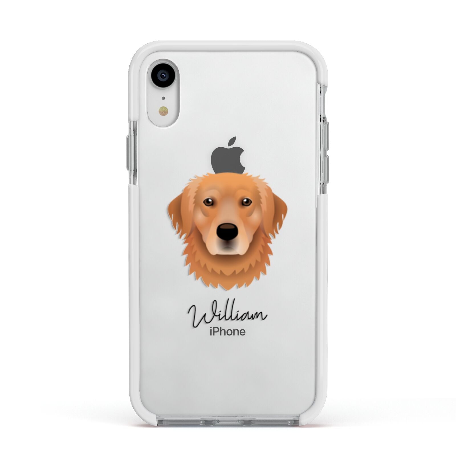 Golden Retriever Personalised Apple iPhone XR Impact Case White Edge on Silver Phone