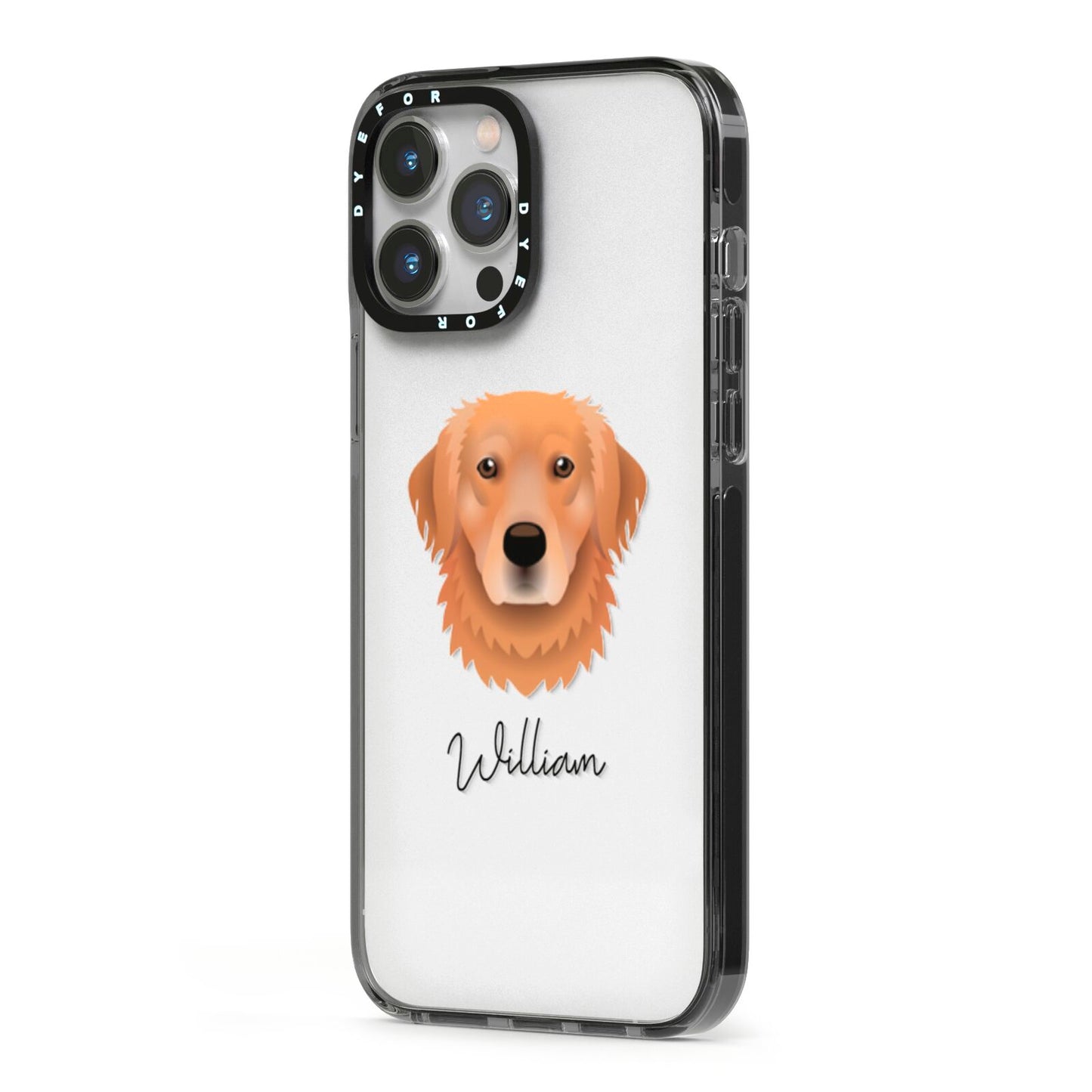 Golden Retriever Personalised iPhone 13 Pro Max Black Impact Case Side Angle on Silver phone