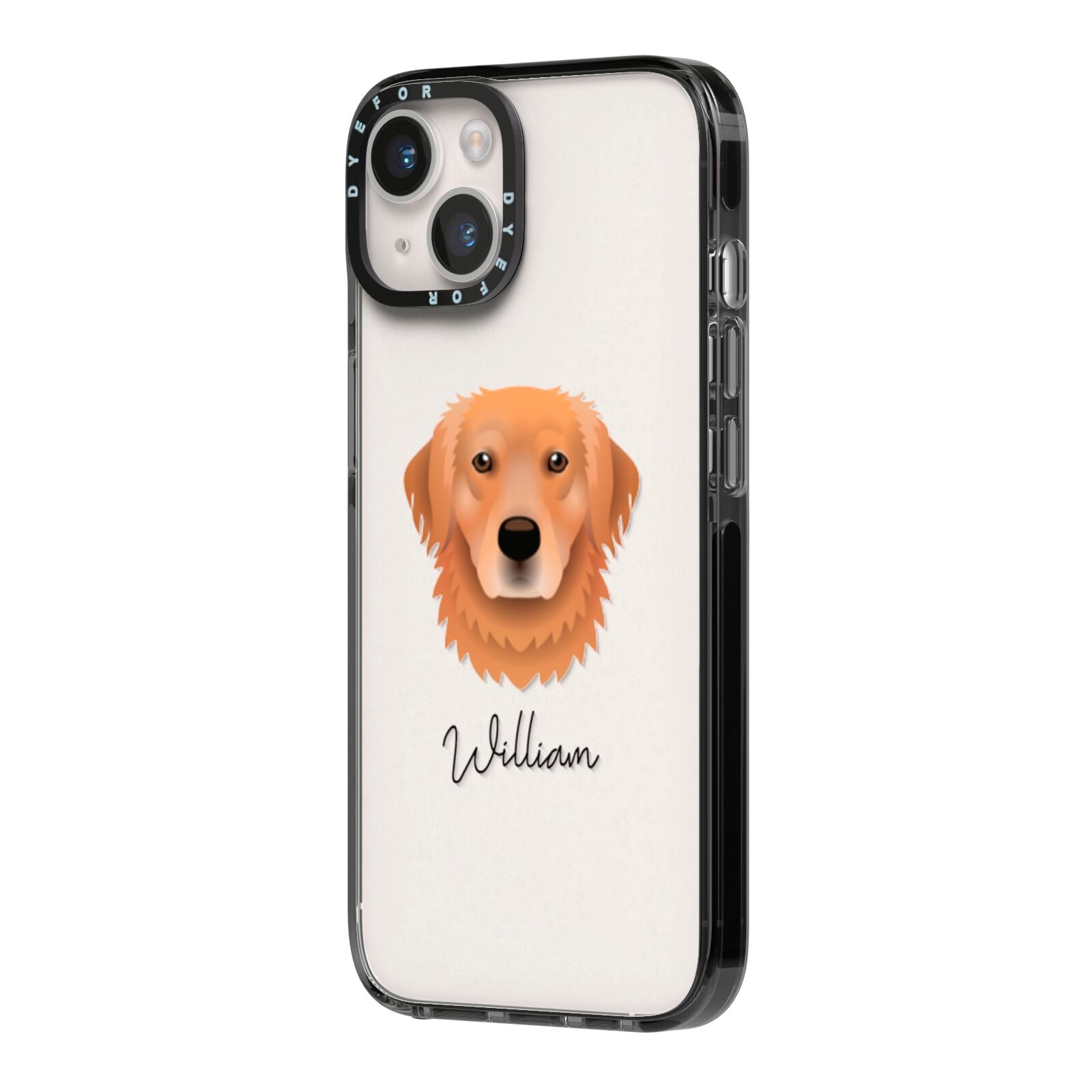 Golden Retriever Personalised iPhone 14 Black Impact Case Side Angle on Silver phone