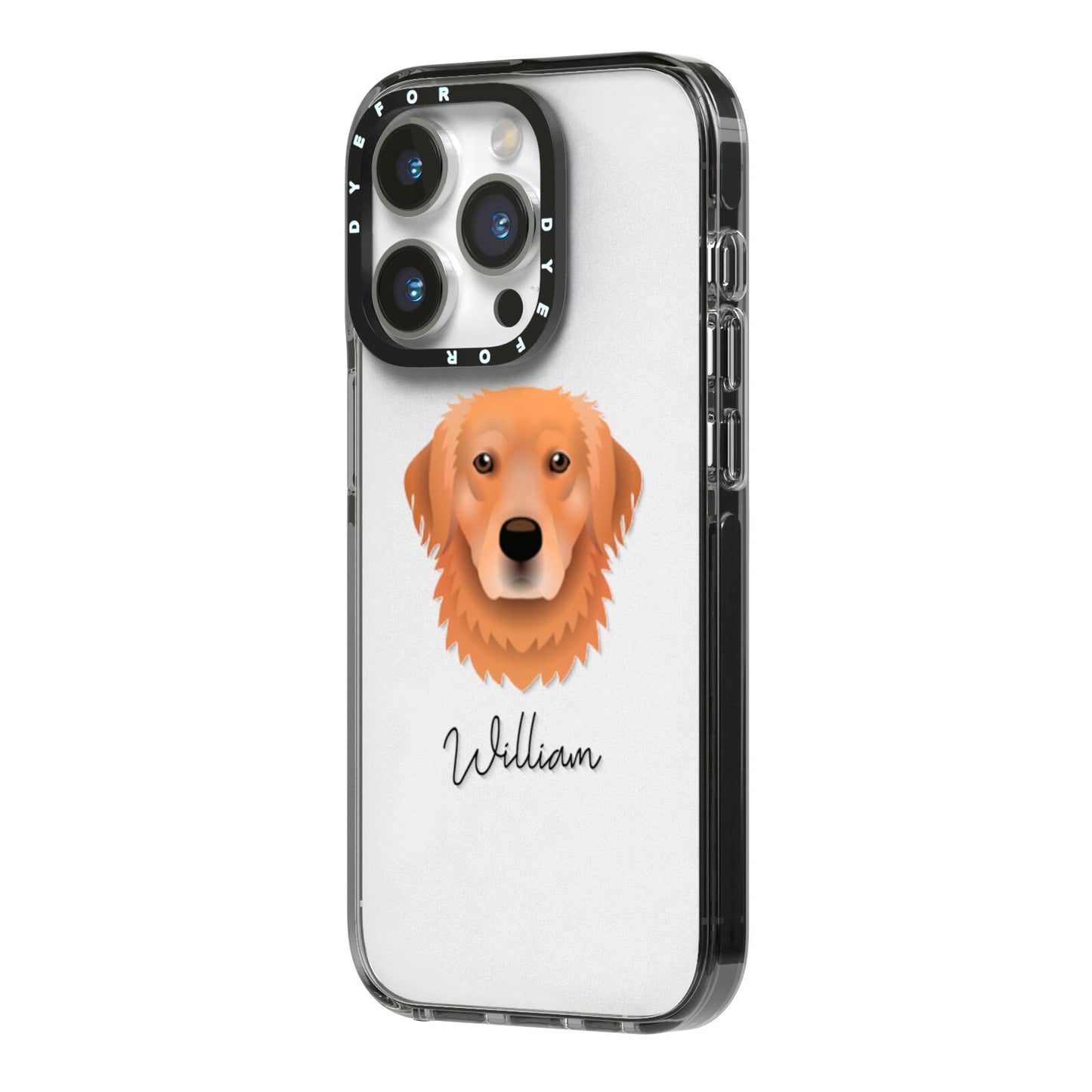 Golden Retriever Personalised iPhone 14 Pro Black Impact Case Side Angle on Silver phone