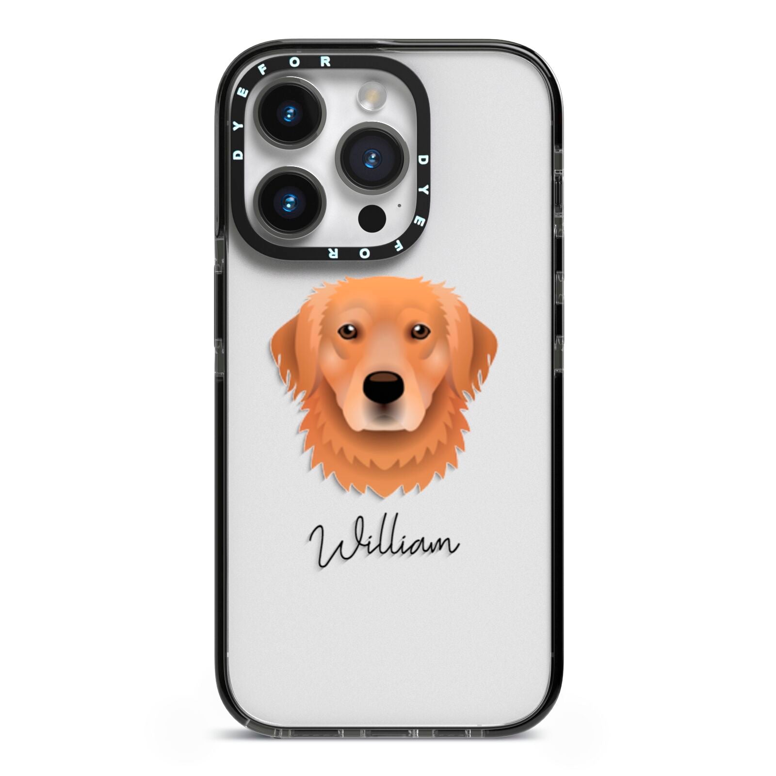 Golden Retriever Personalised iPhone 14 Pro Black Impact Case on Silver phone