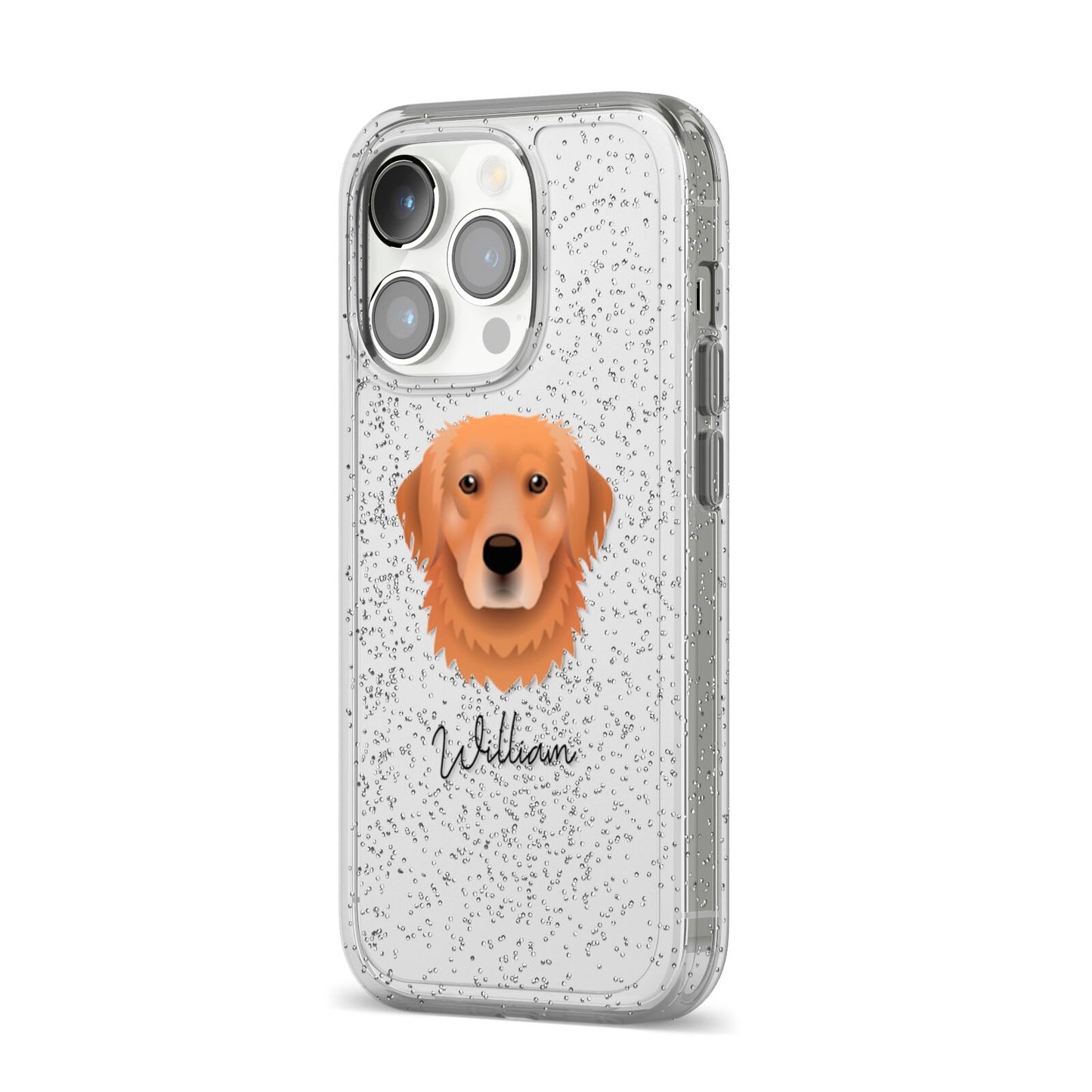 Golden Retriever Personalised iPhone 14 Pro Glitter Tough Case Silver Angled Image