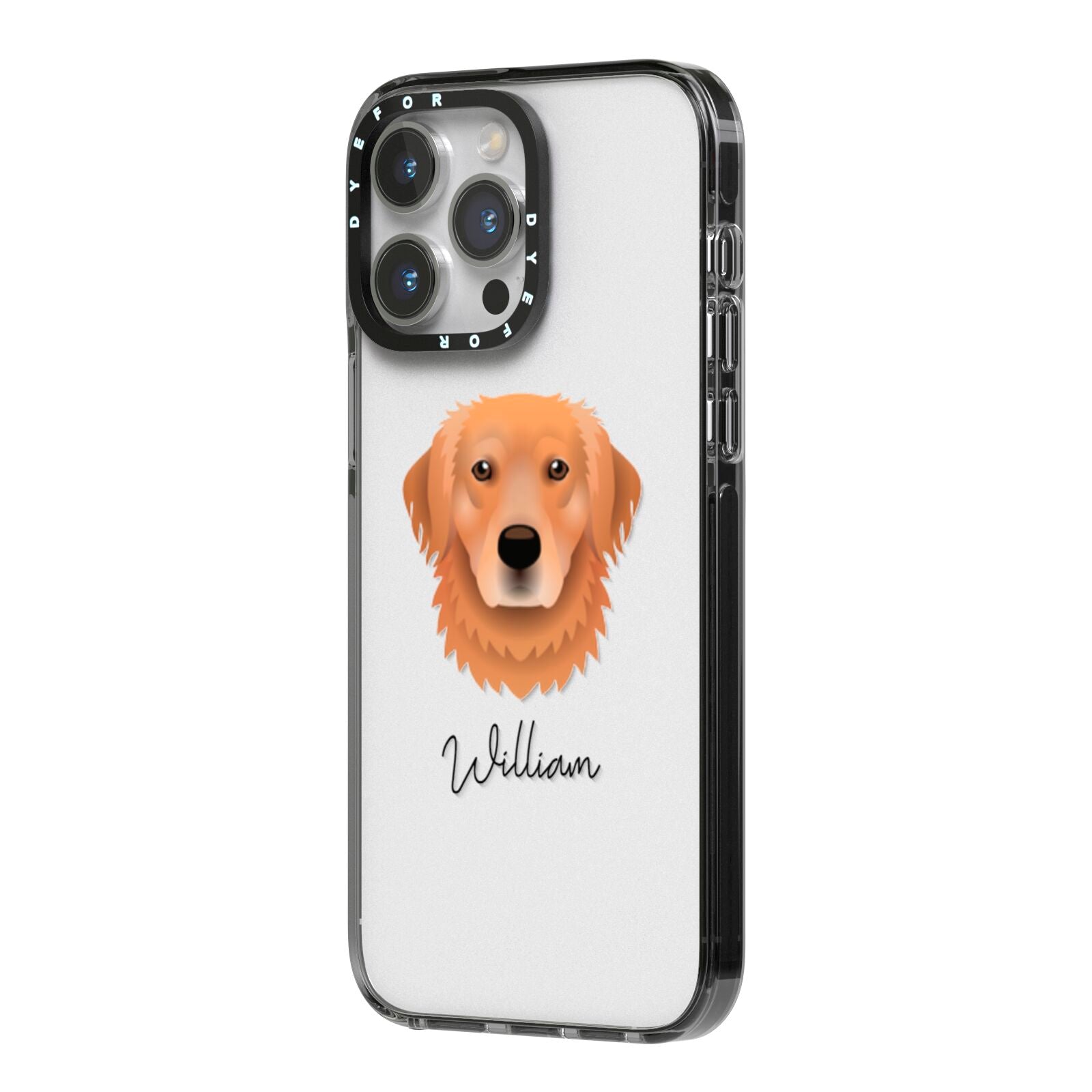 Golden Retriever Personalised iPhone 14 Pro Max Black Impact Case Side Angle on Silver phone