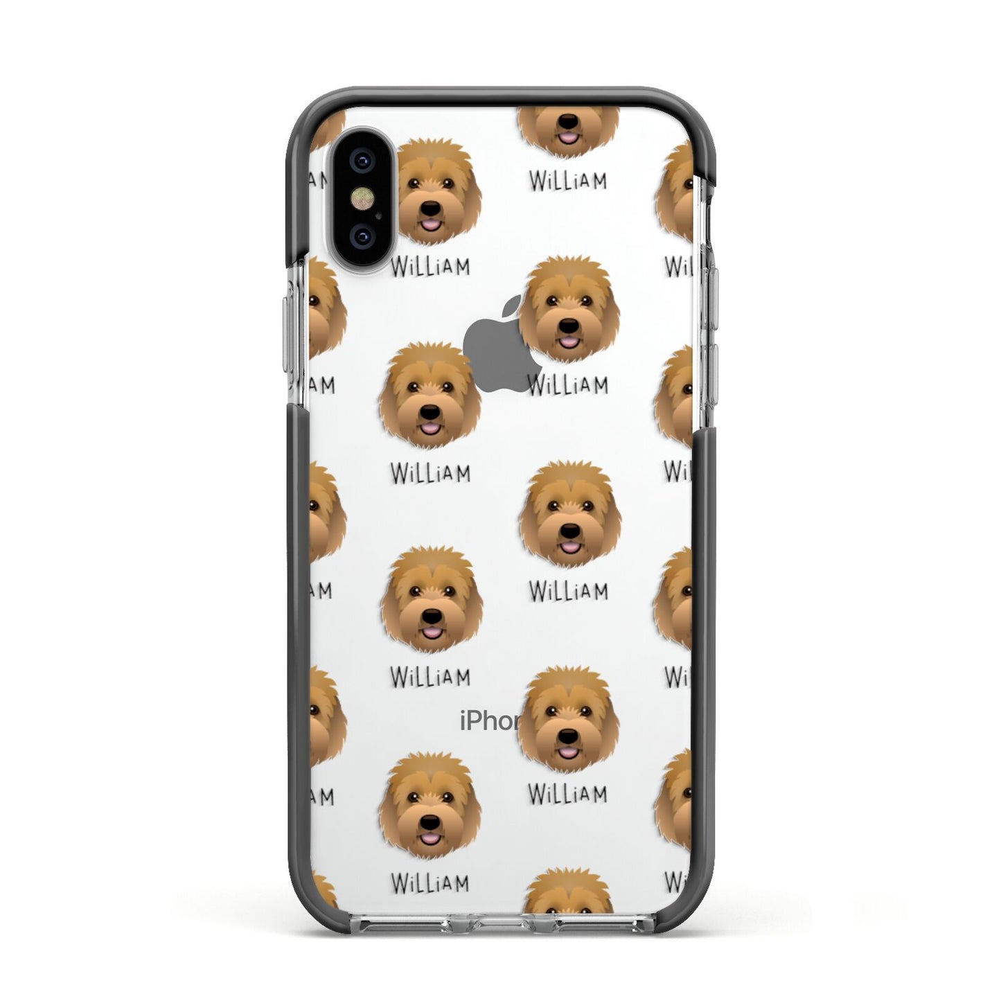 Goldendoodle Icon with Name Apple iPhone Xs Impact Case Black Edge on Silver Phone