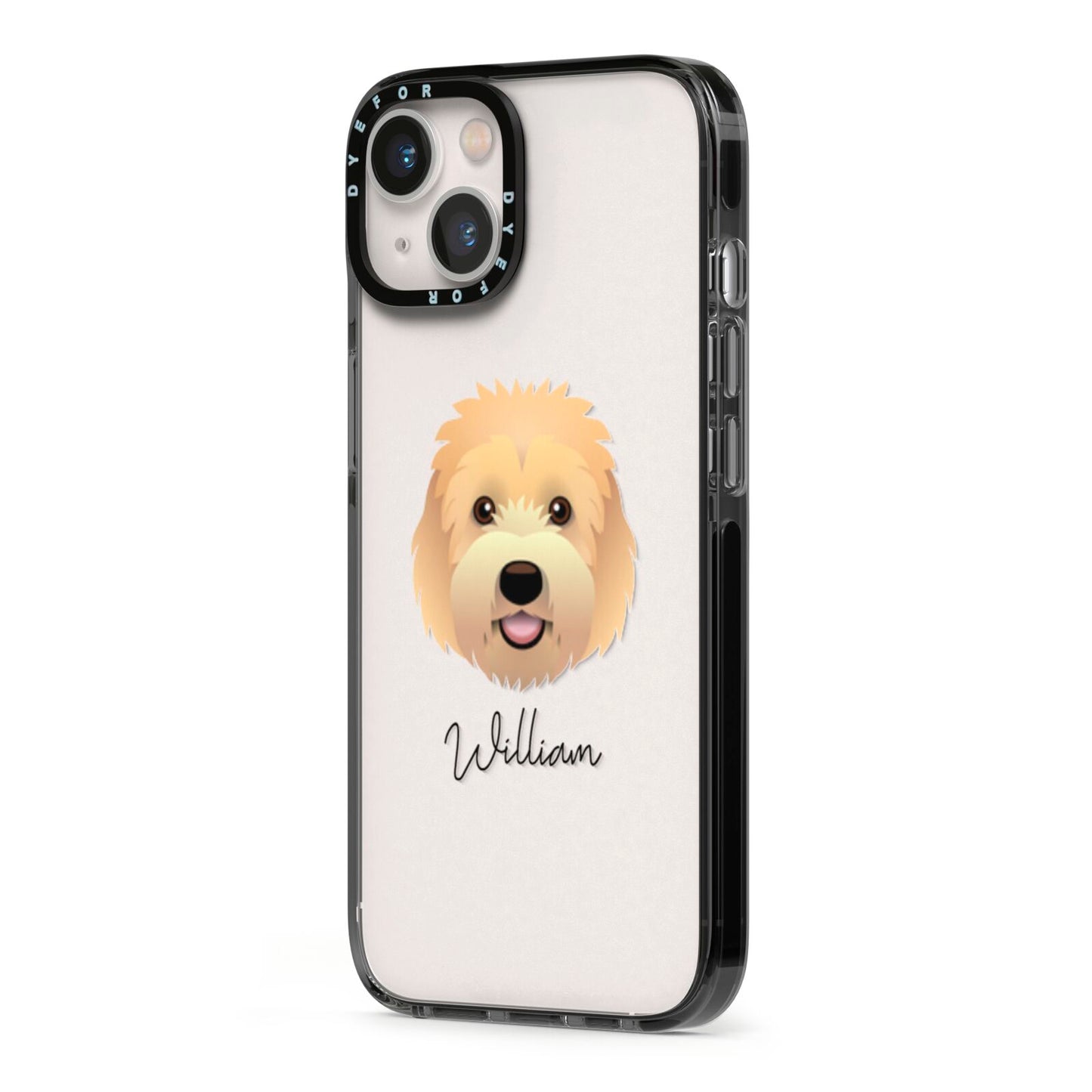Goldendoodle Personalised iPhone 13 Black Impact Case Side Angle on Silver phone