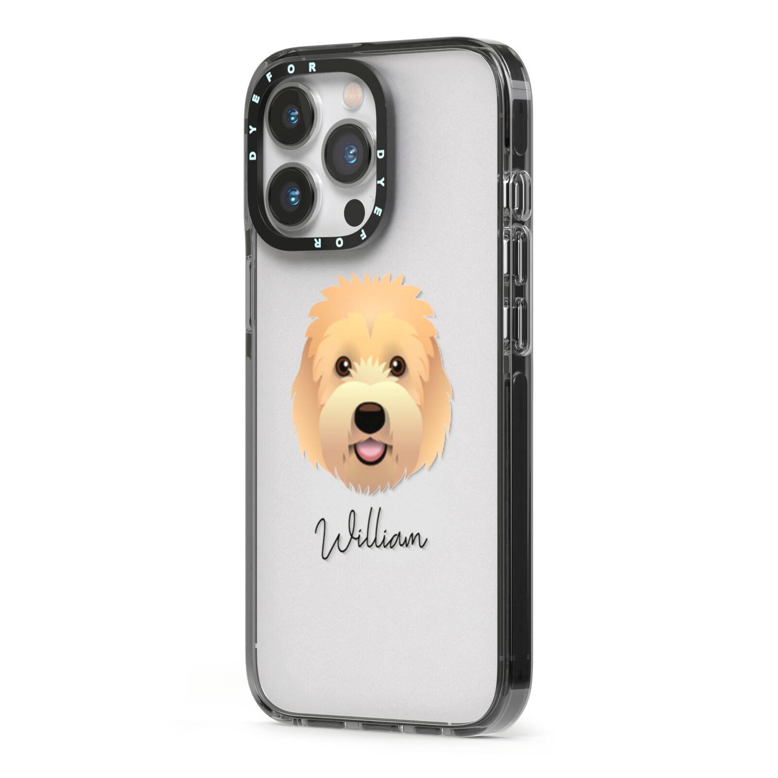 Goldendoodle Personalised iPhone 13 Pro Black Impact Case Side Angle on Silver phone