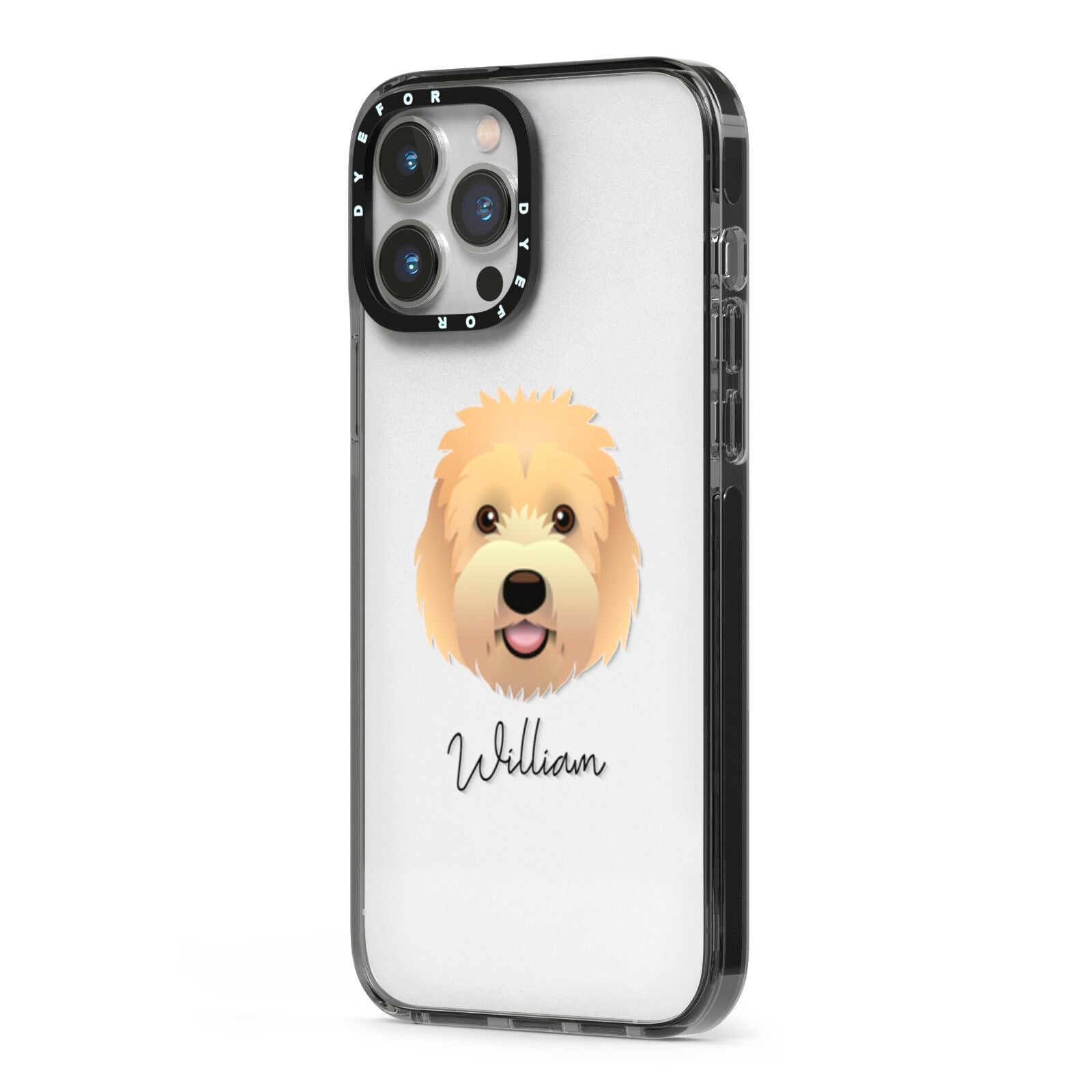 Goldendoodle Personalised iPhone 13 Pro Max Black Impact Case Side Angle on Silver phone