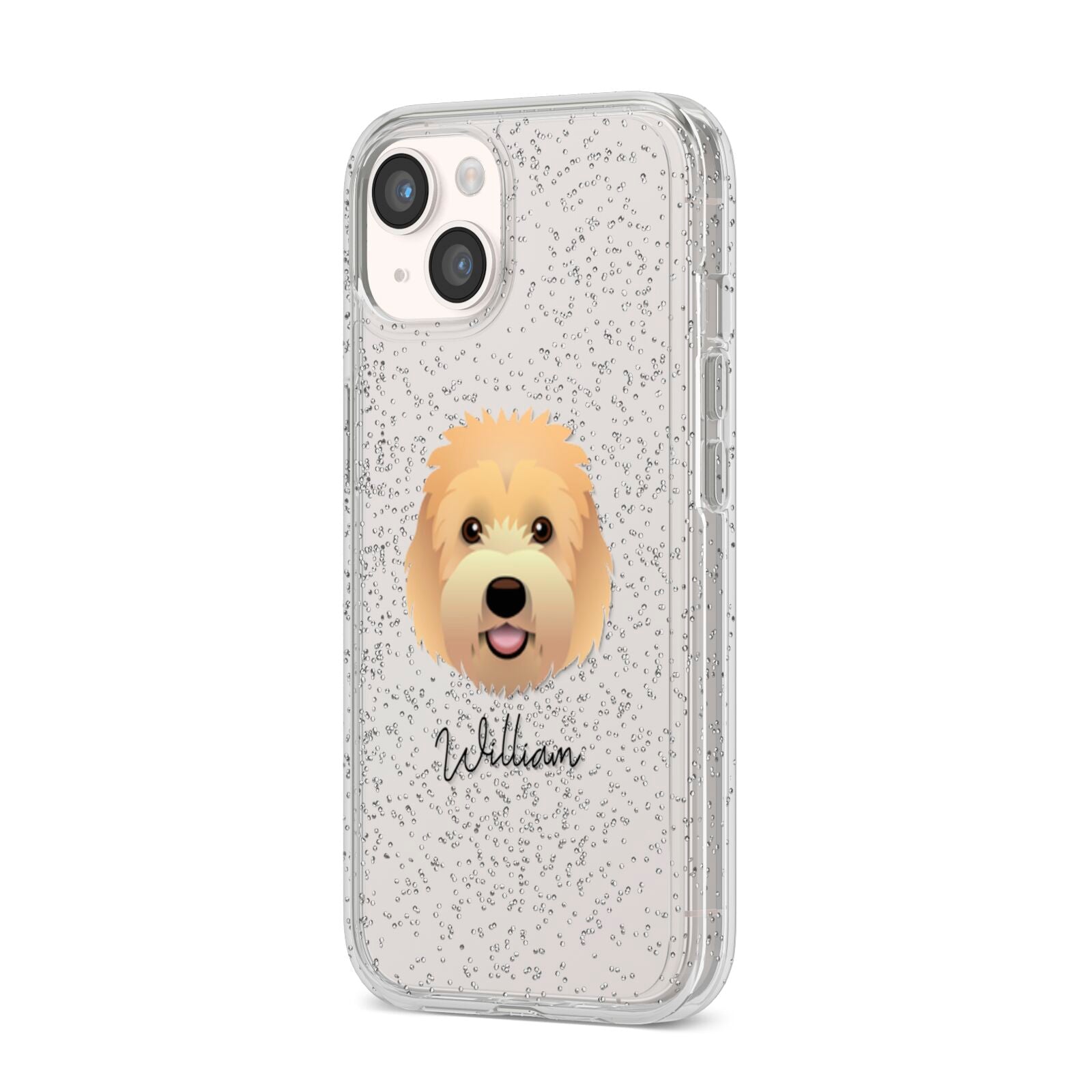 Goldendoodle Personalised iPhone 14 Glitter Tough Case Starlight Angled Image