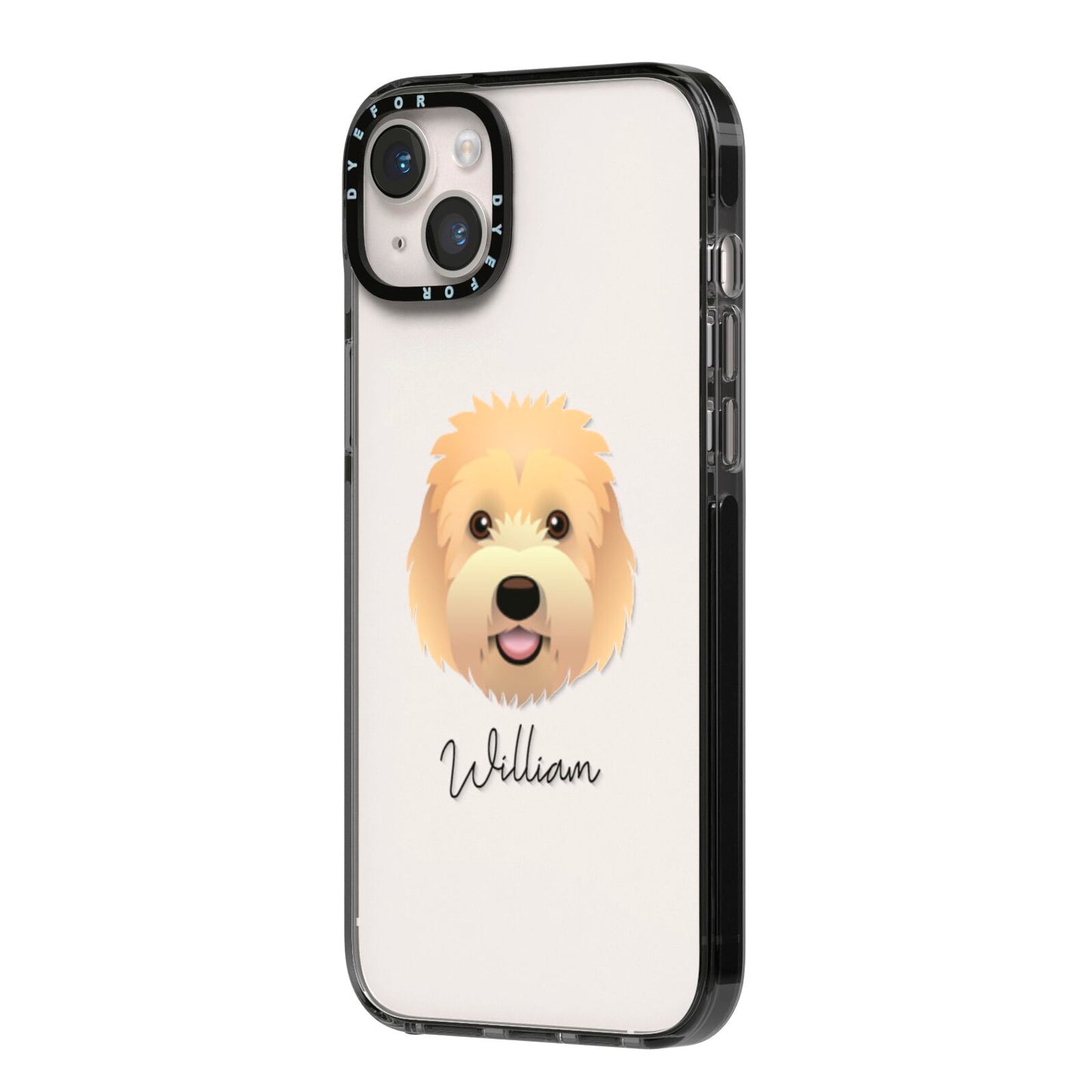 Goldendoodle Personalised iPhone 14 Plus Black Impact Case Side Angle on Silver phone